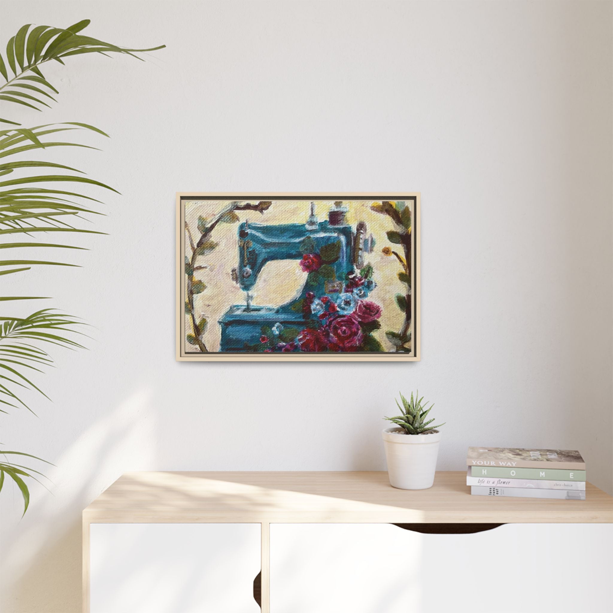 Framed Canvas Wall Art — Vintage Sewing Machine with Roses - Framed Print of the Original Grandma's Sewing Machine