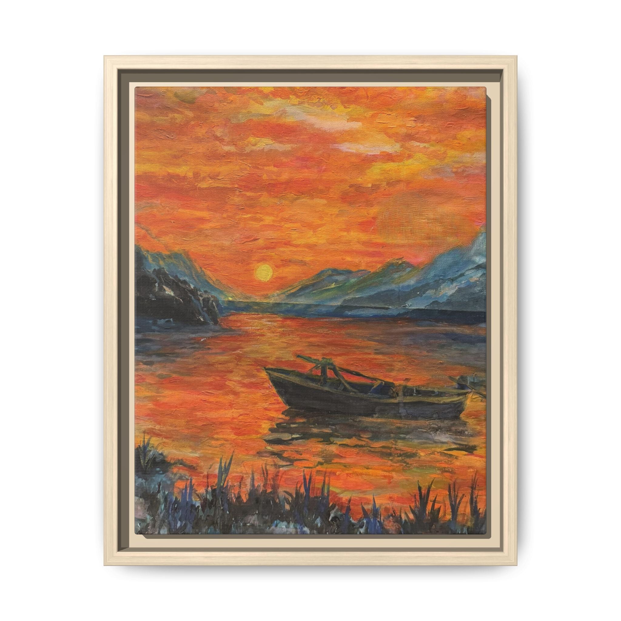 Boat on Sunset Lake Framed Canvas Print of Original — Orange Mountain Lake Wall Art