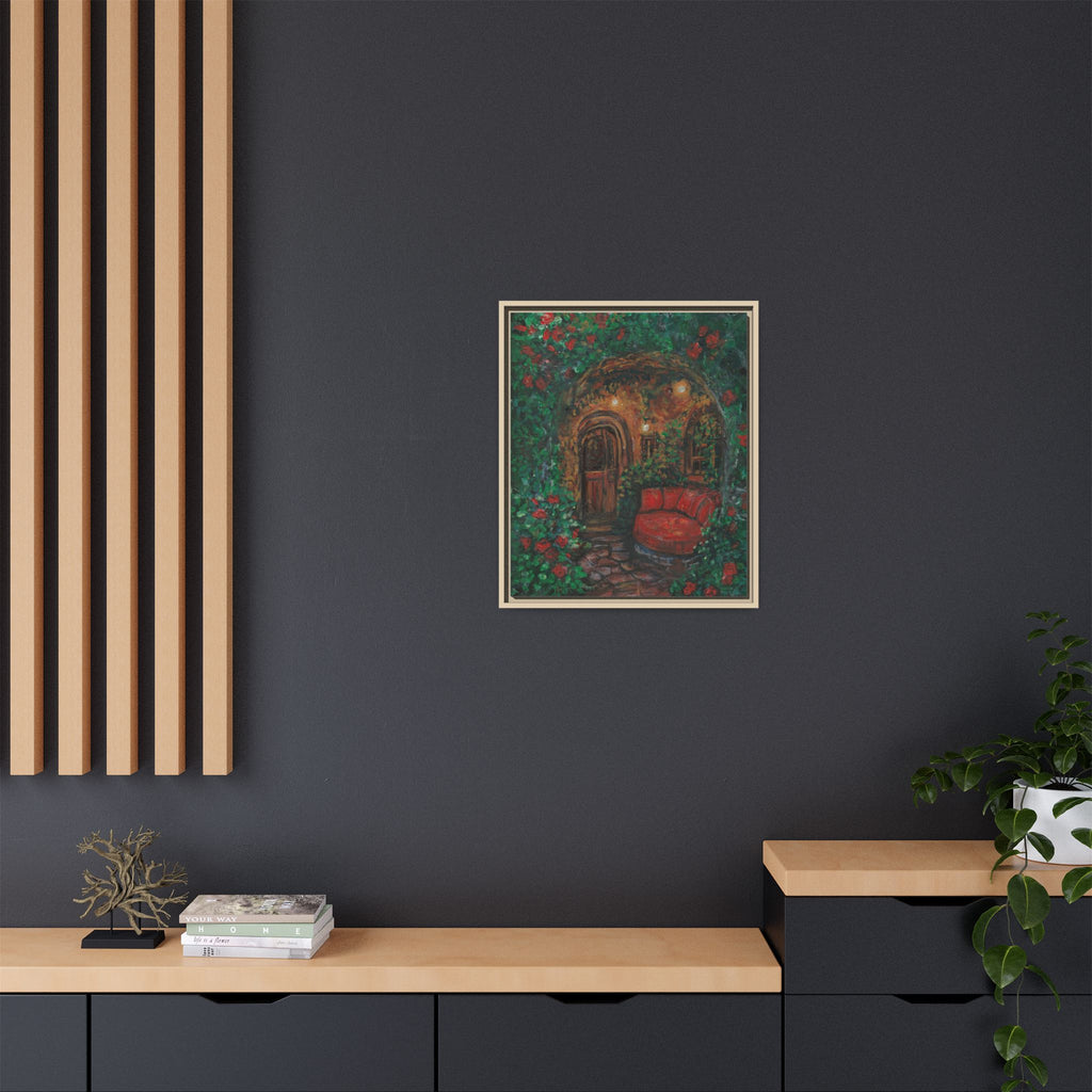 Framed Matte Canvas Art – Cozy Garden Doorway with Red Chair Print of Original Hidden Doorway