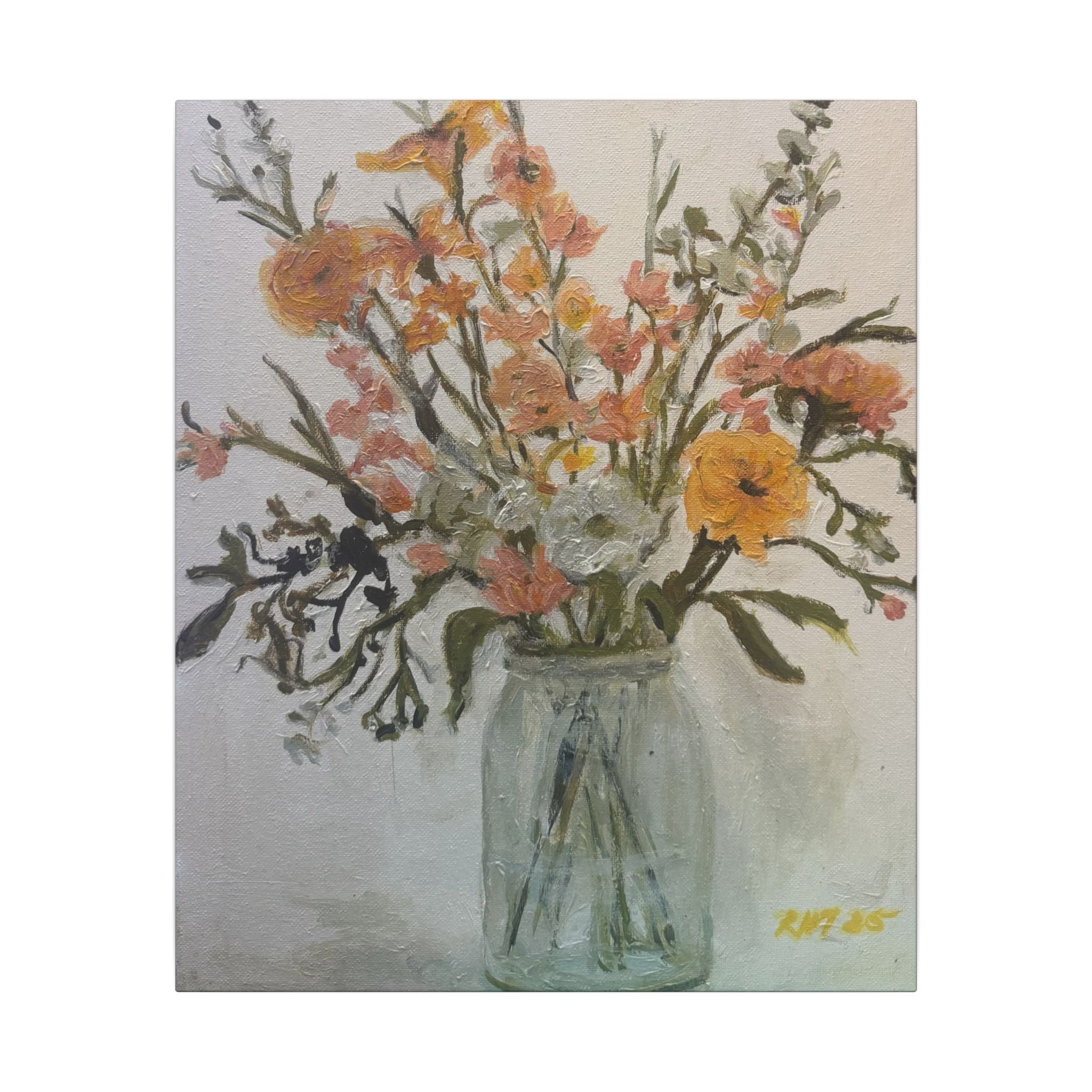 Flowers in Glass Jar Matte Canvas Print of Original— Rustic Cottage Wall Art