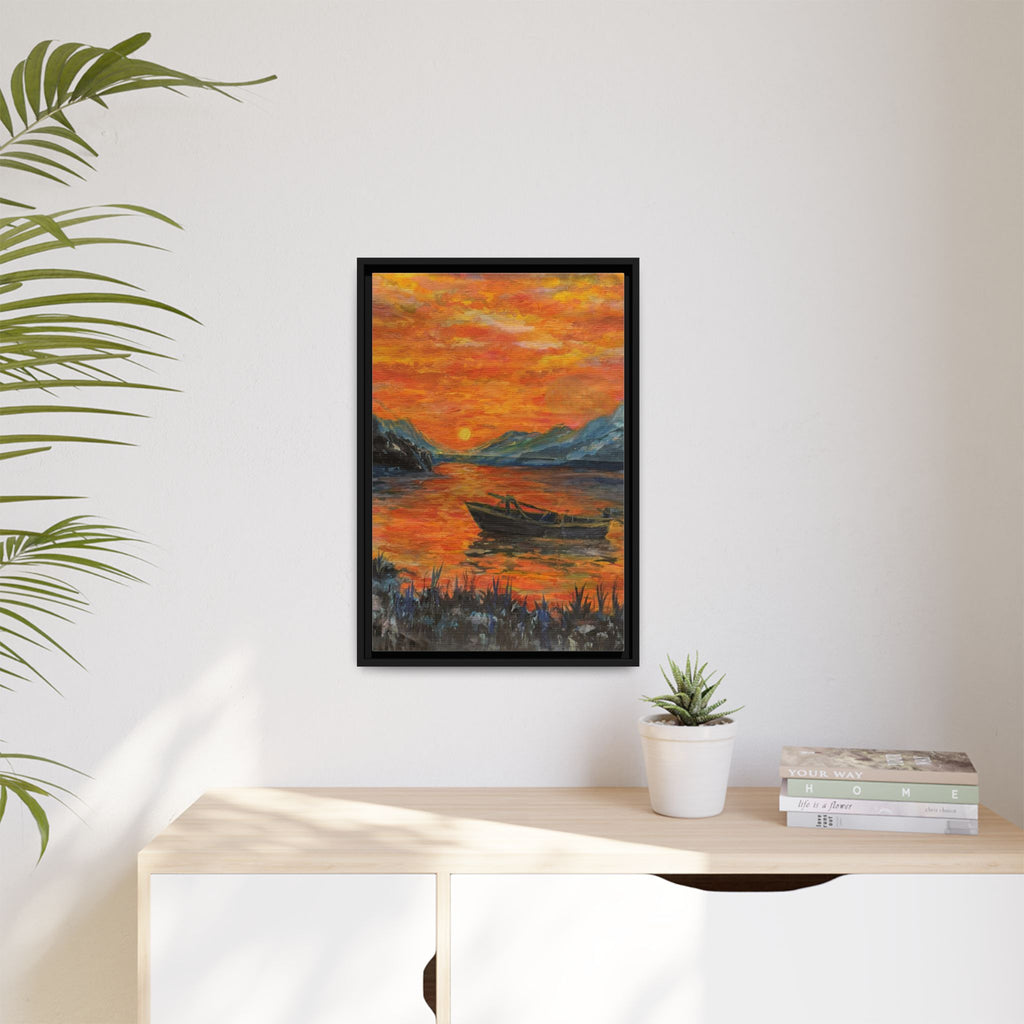 Boat on Sunset Lake Framed Canvas Print of Original — Orange Mountain Lake Wall Art