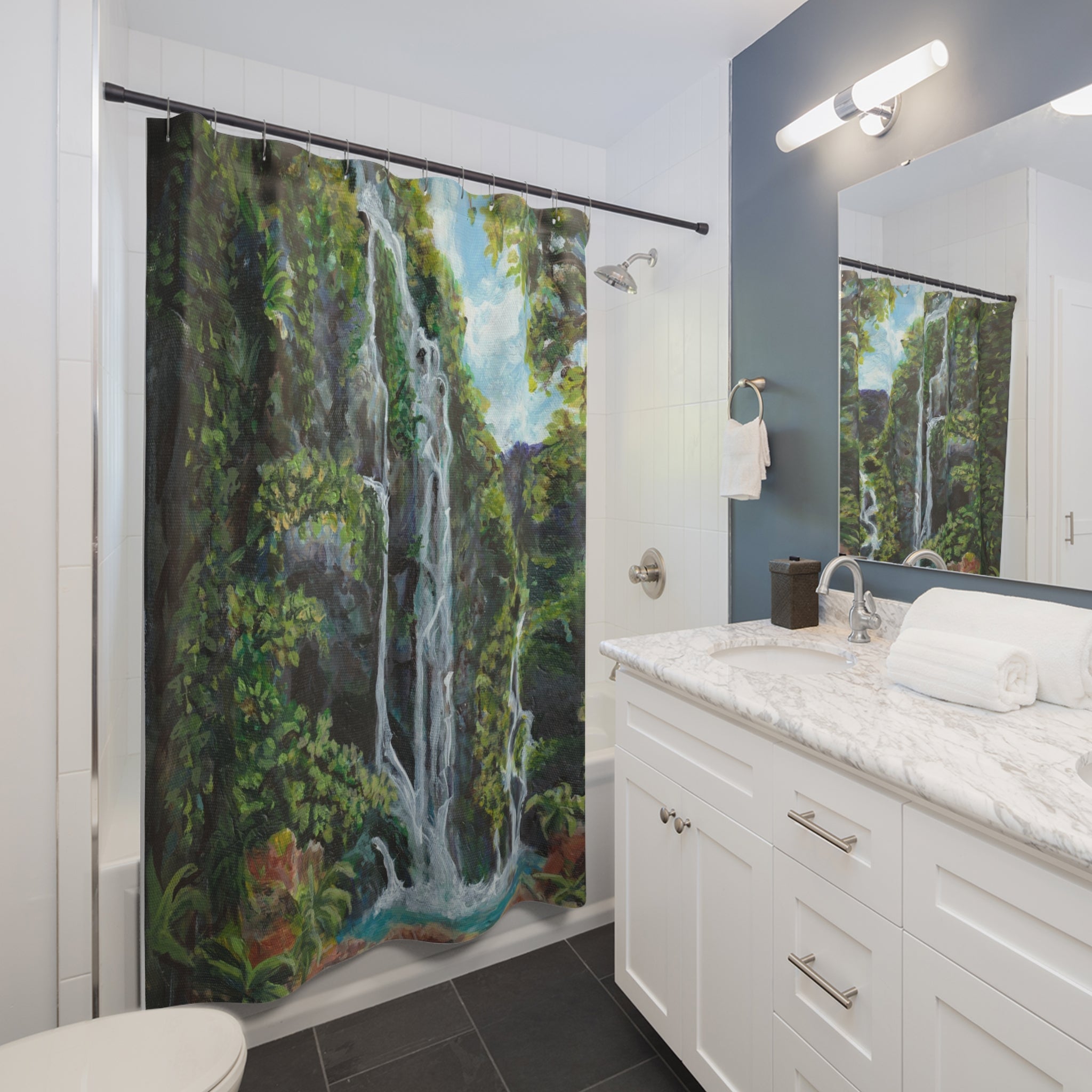 Hidden Falls Shower Curtain - Tropical Forest Cascade Bathroom Decor