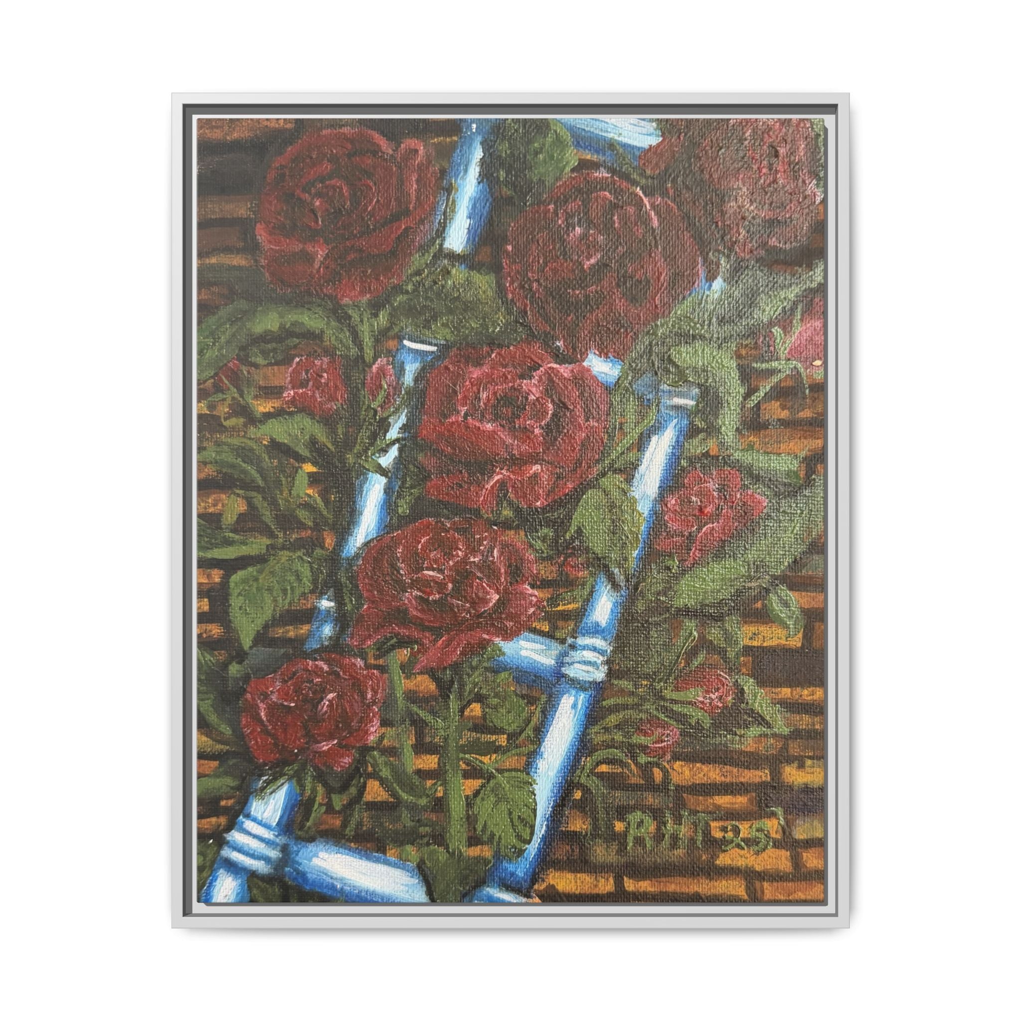 Framed Matte Canvas Art Print of Original Climbing Roses — Red Roses & Blue Ladder Floral Painting