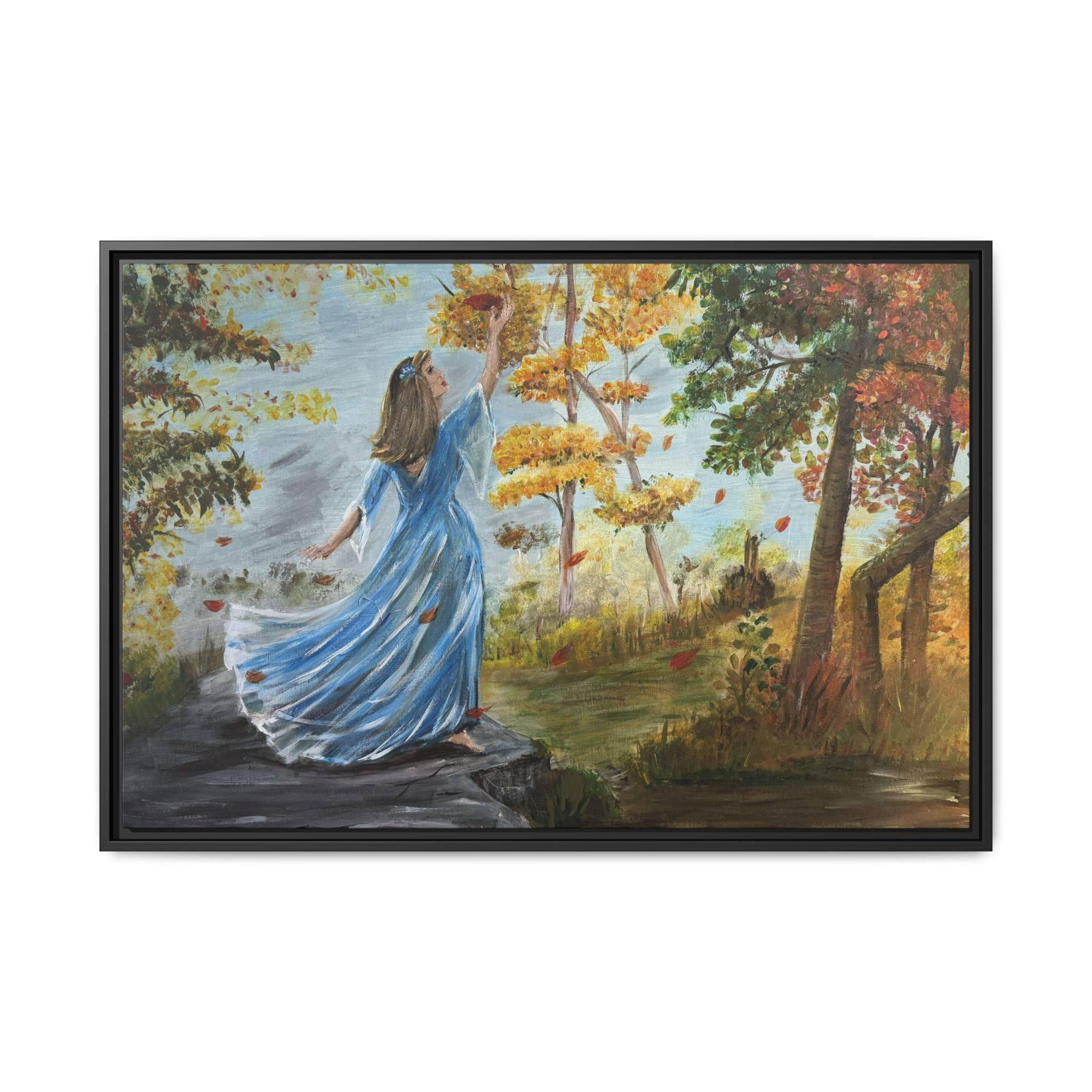 Autumn Breeze Canvas Print — Woman in Blue Dress Framed Wall Art