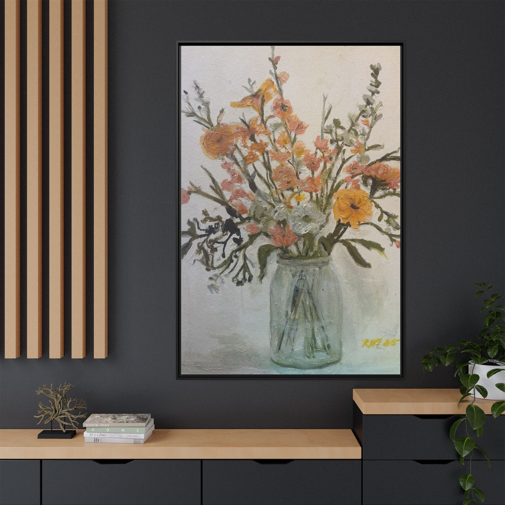 Framed Matte Canvas Art - Flower in Glass Jar Floral Painting Print of Original