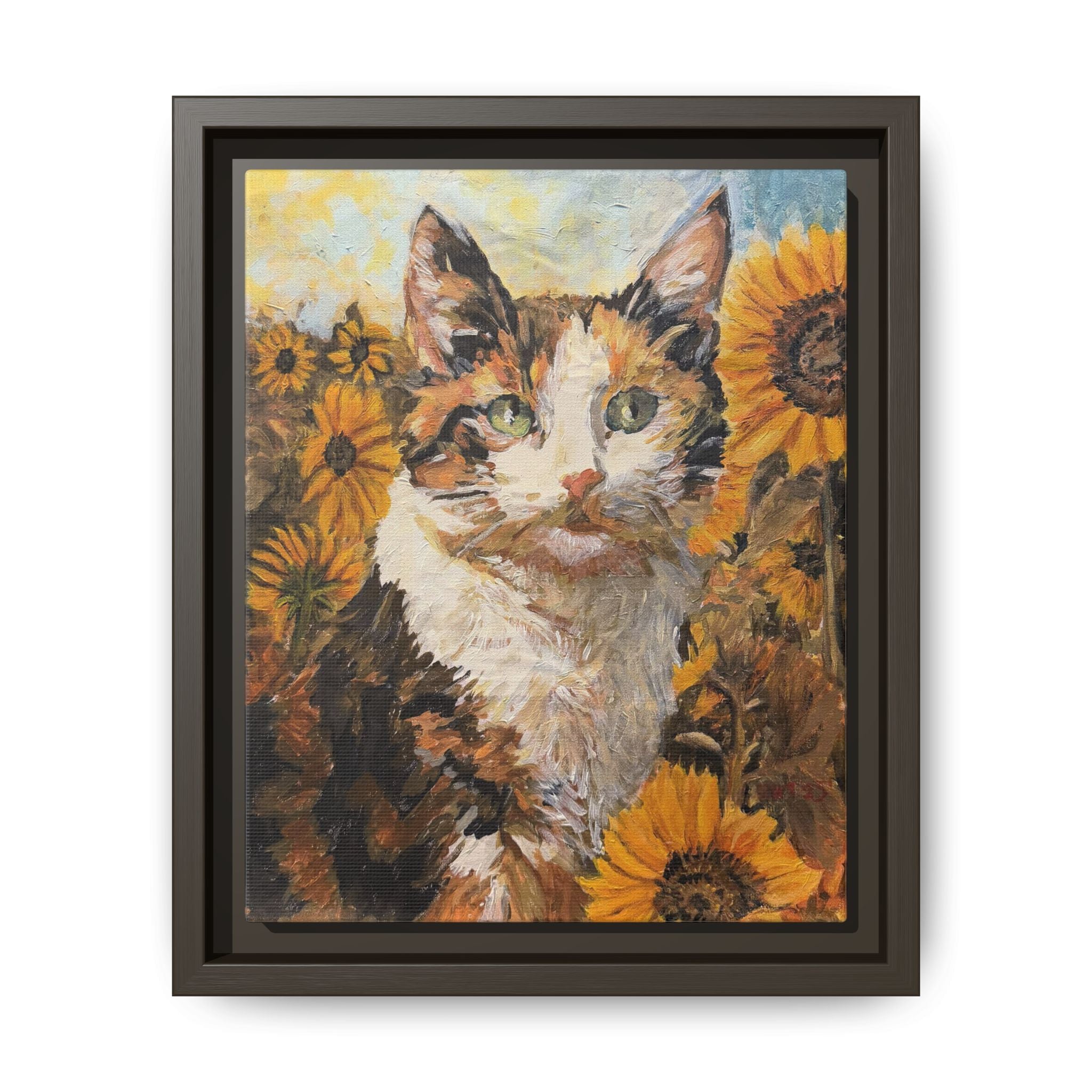 Dixie Cat in Sunflowers — Framed Matte Canvas Wall Art - Print of Original