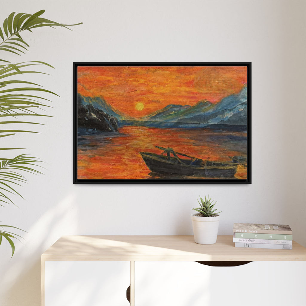 Boat on Sunset Lake Framed Canvas Print of Original — Orange Mountain Lake Wall Art