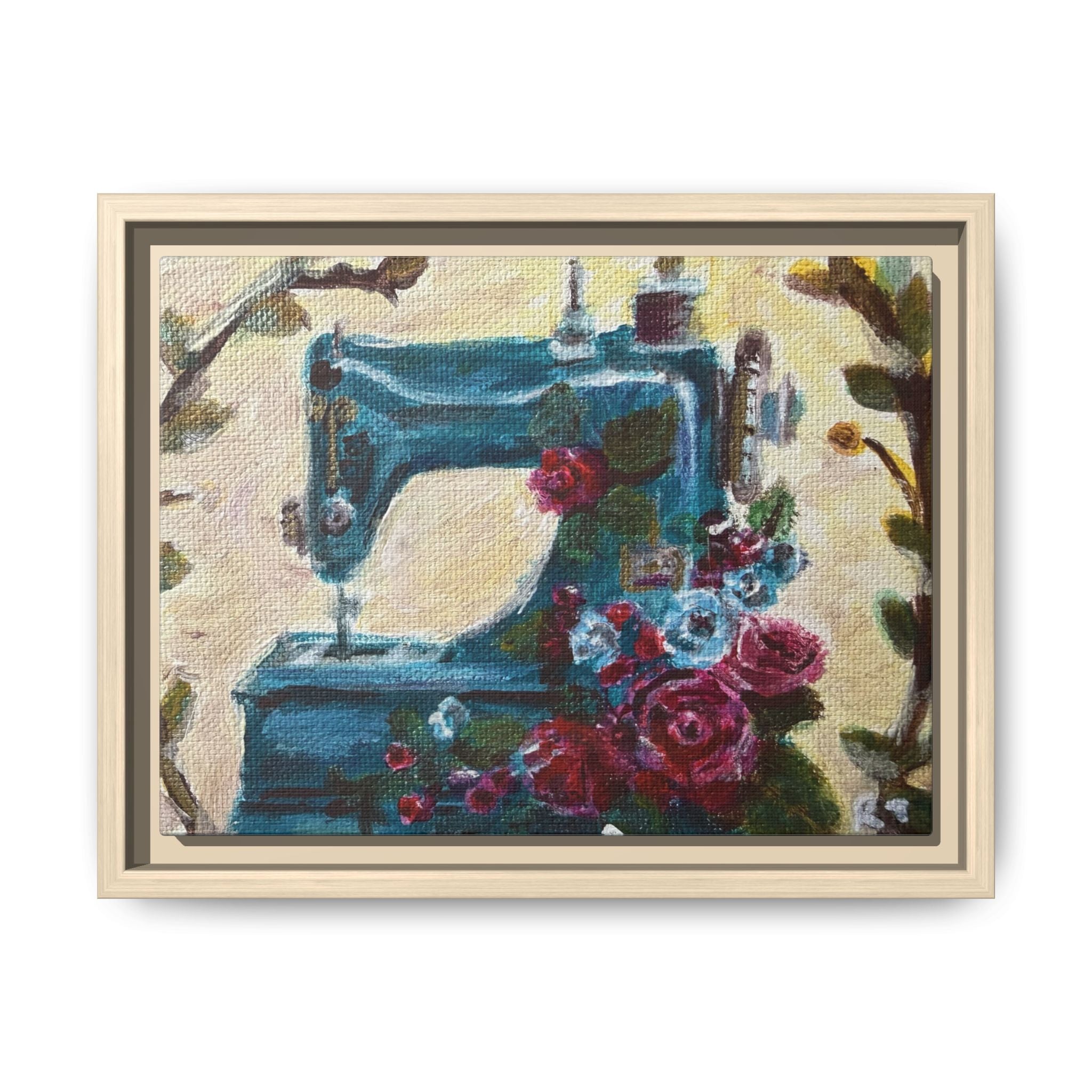 Framed Canvas Wall Art — Vintage Sewing Machine with Roses - Framed Print of the Original Grandma's Sewing Machine