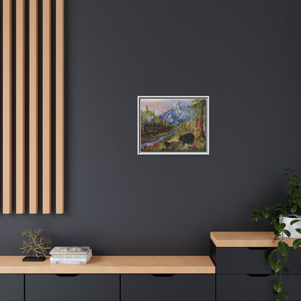 Framed Matte Canvas - Three Bear Stroll  - Mountain Stream with Bears Landscape Wall Art