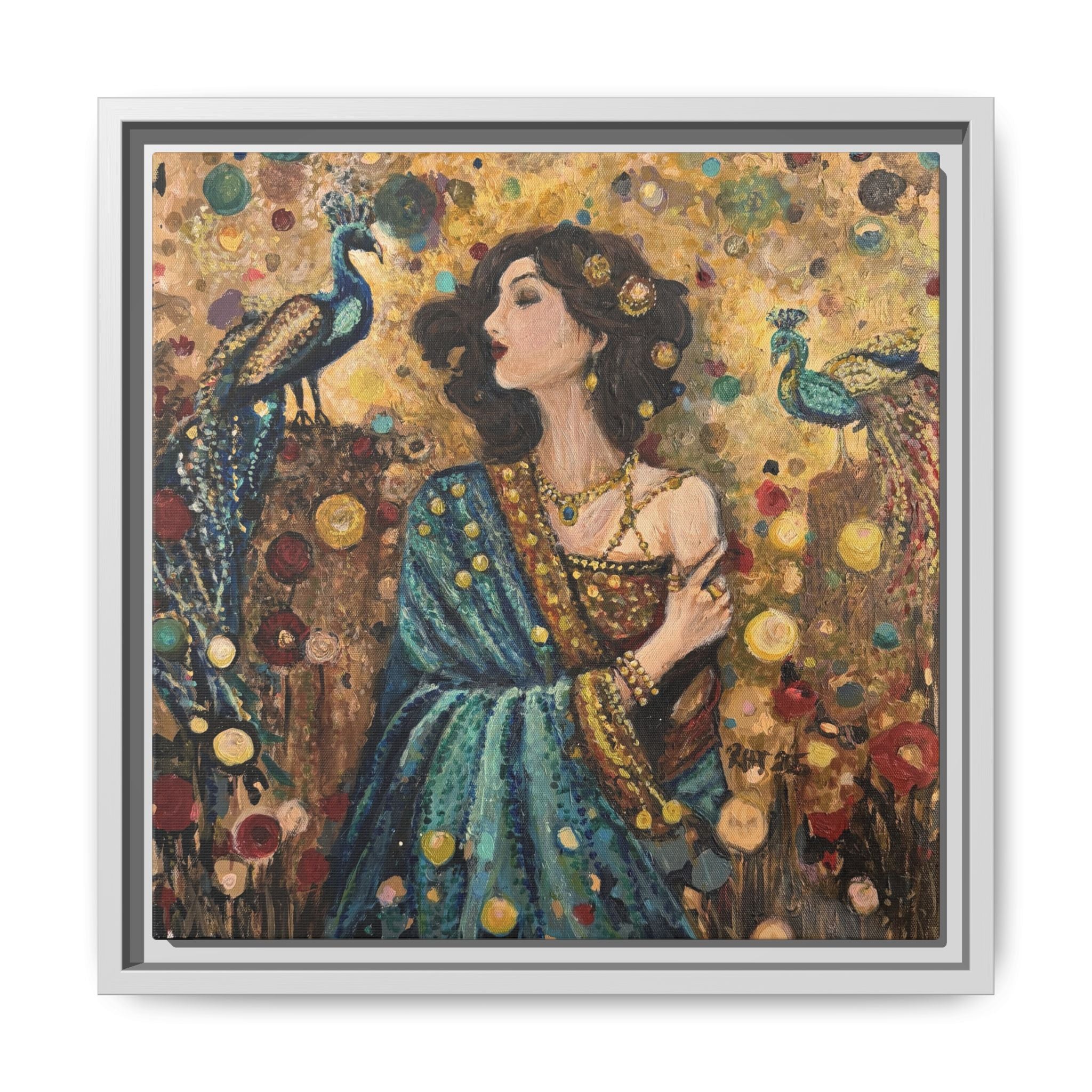 Gilded Peacock Muse Framed Canvas Art Print of Original— Bohemian Floral Decorative Print