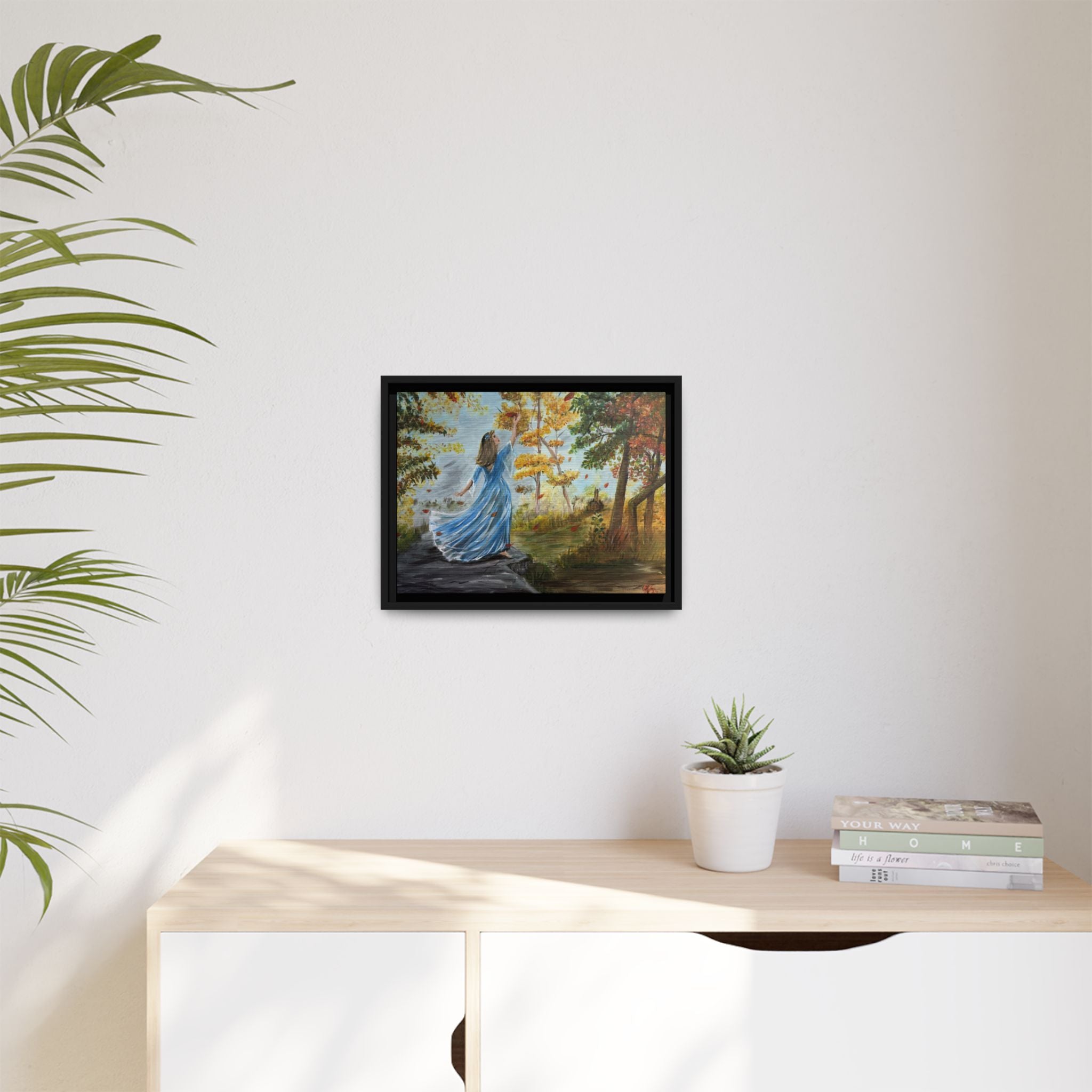 Autumn Breeze Canvas Print — Woman in Blue Dress Framed Wall Art