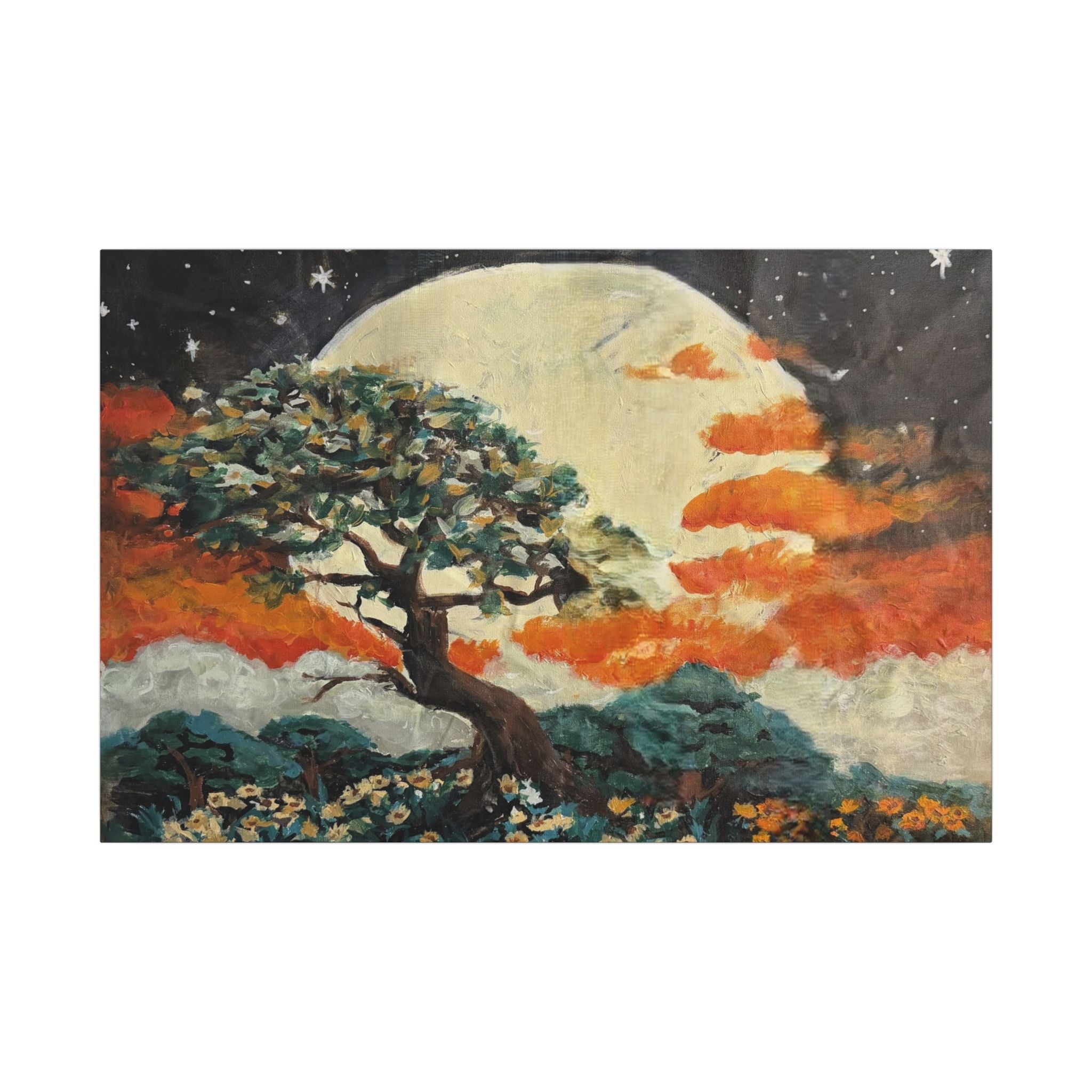 Lunar Glow Canvas Wall Art — Tranquil Moon, Tree & Stars Stretched Print of Original