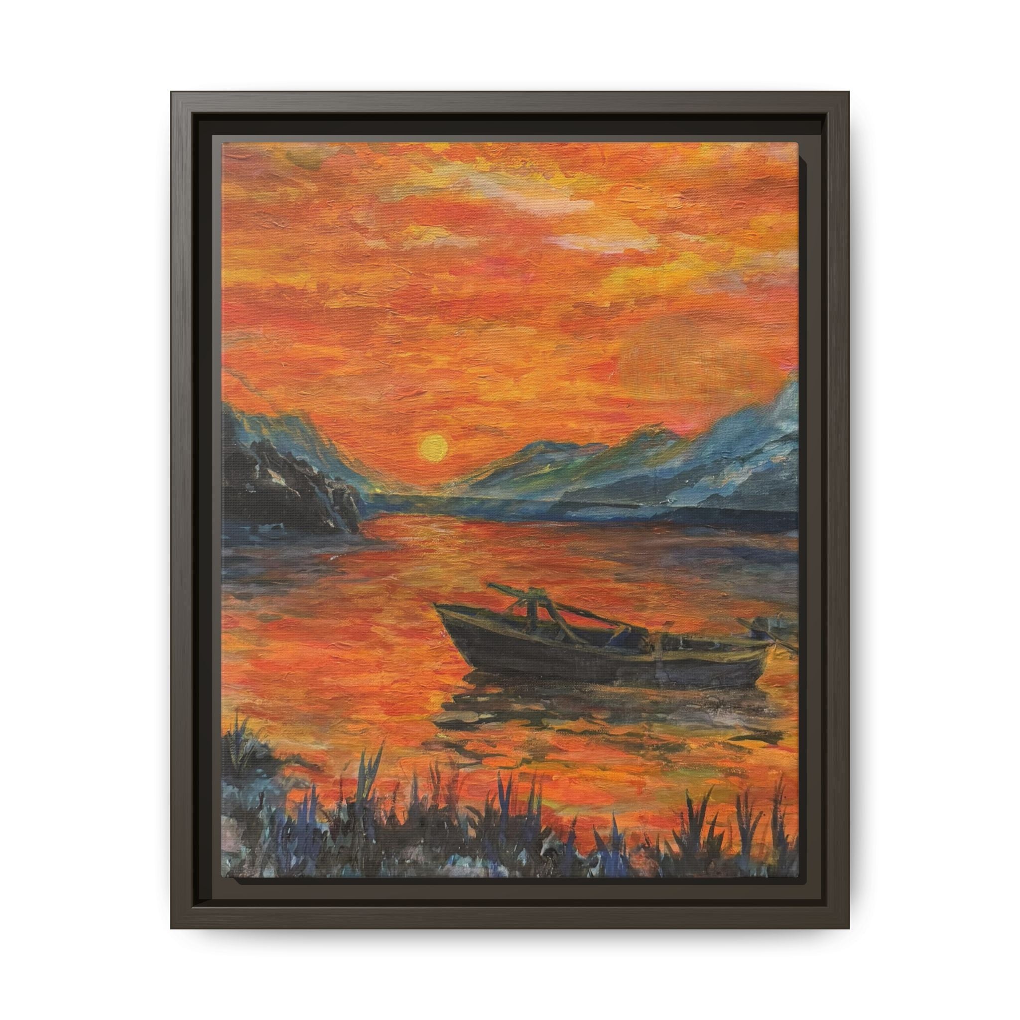 Boat on Sunset Lake Framed Canvas Print of Original — Orange Mountain Lake Wall Art