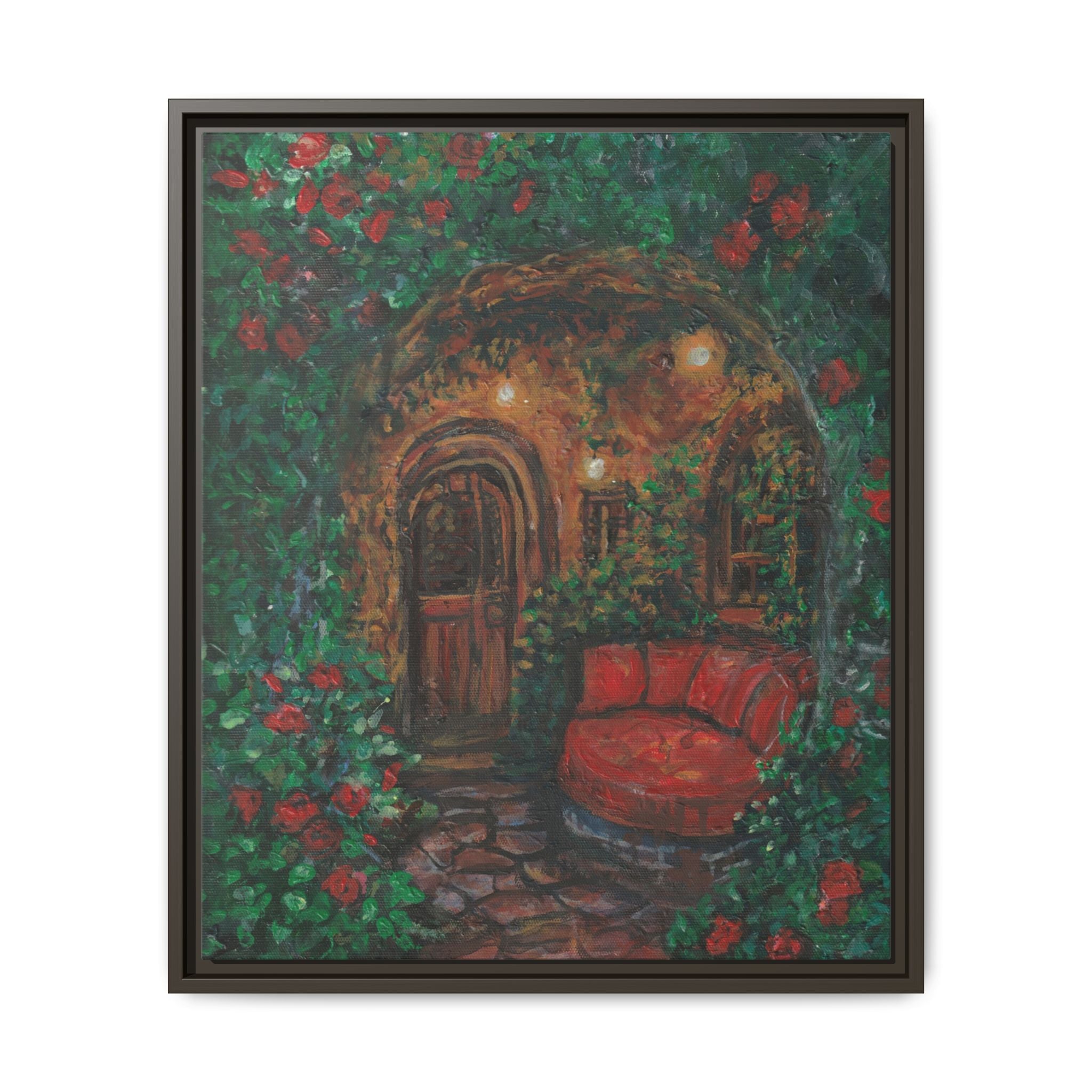 Framed Matte Canvas Art – Cozy Garden Doorway with Red Chair Print of Original Hidden Doorway