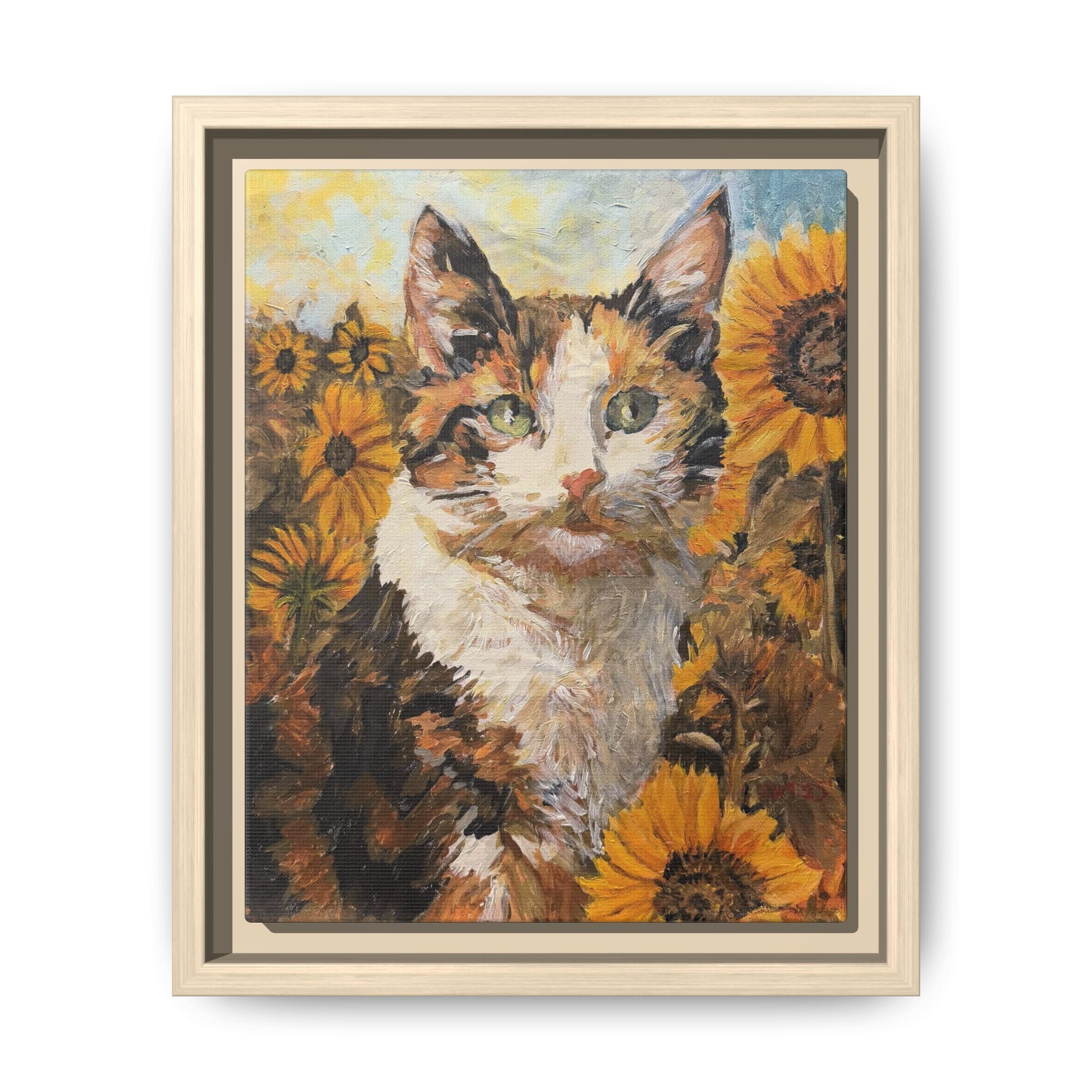 Dixie Cat in Sunflowers — Framed Matte Canvas Wall Art - Print of Original