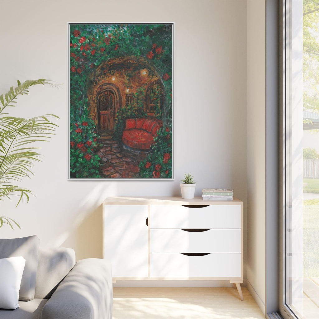 Framed Matte Canvas Art – Cozy Garden Doorway with Red Chair Print of Original Hidden Doorway