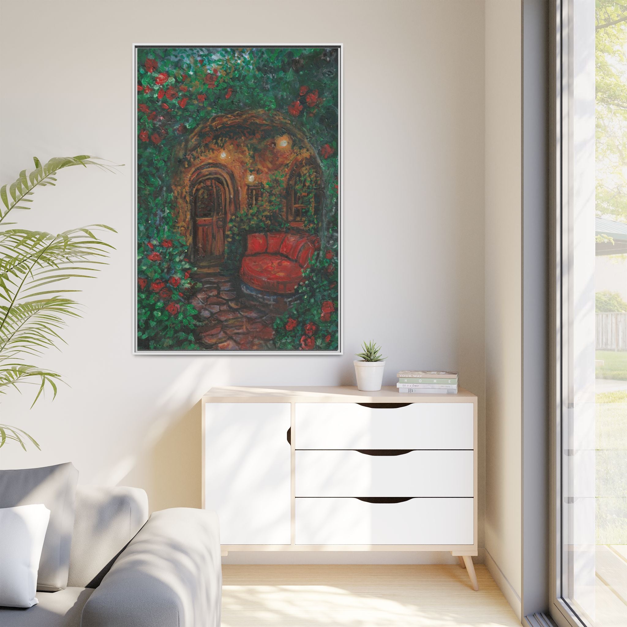 Framed Matte Canvas Art – Cozy Garden Doorway with Red Chair Print of Original Hidden Doorway