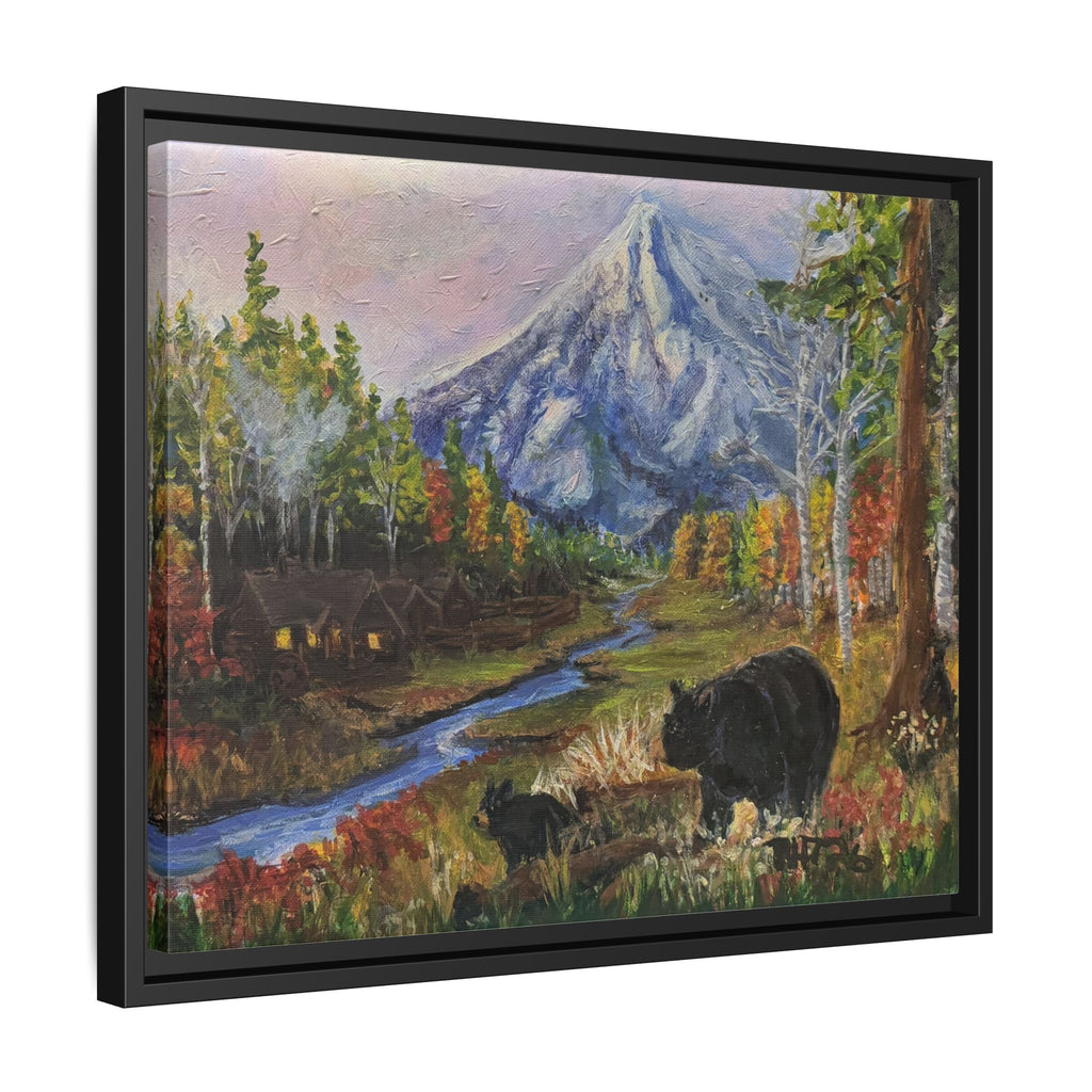 Framed Matte Canvas - Three Bear Stroll  - Mountain Stream with Bears Landscape Wall Art