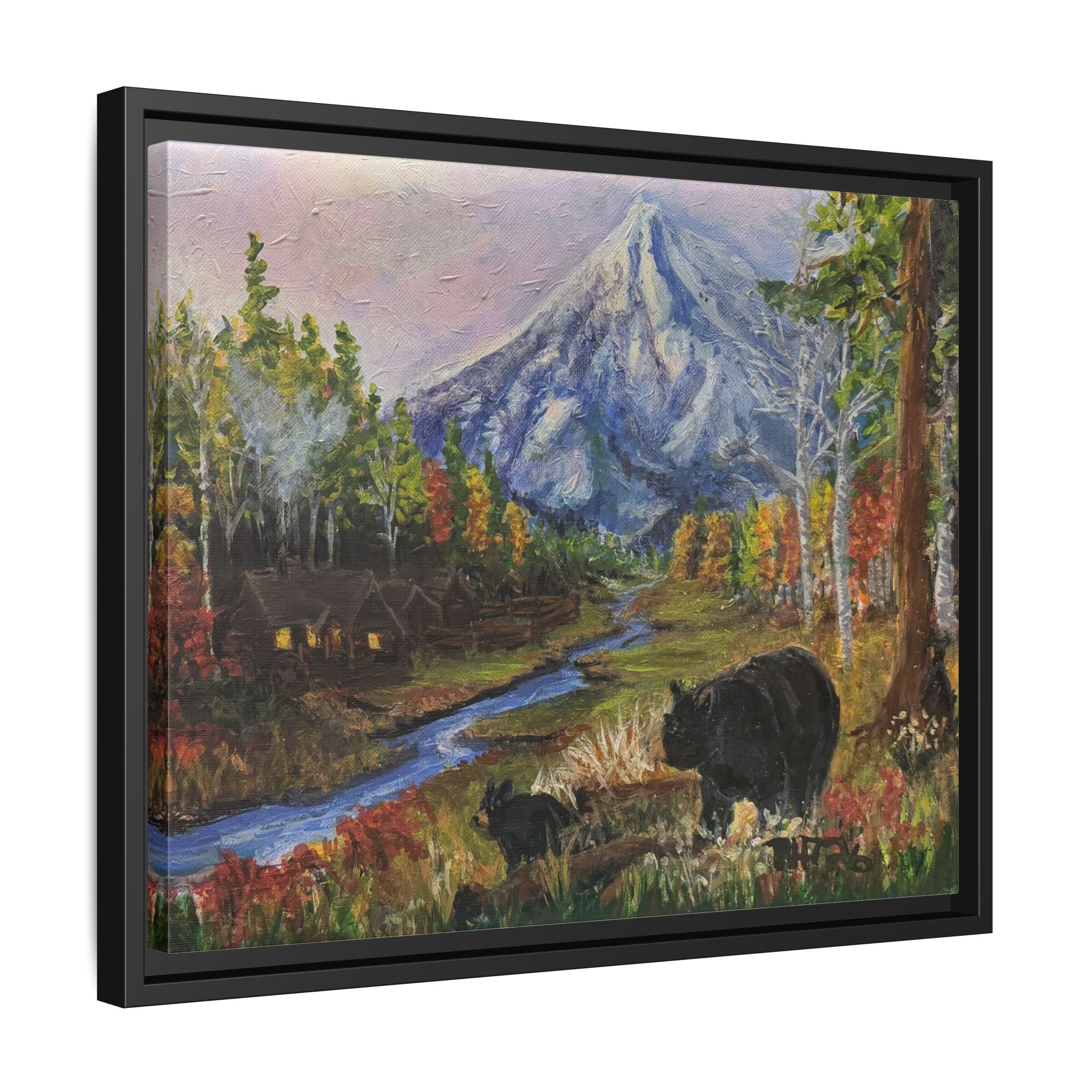 Framed Matte Canvas - Three Bear Stroll  - Mountain Stream with Bears Landscape Wall Art