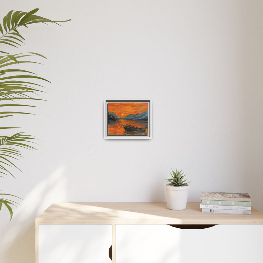 Boat on Sunset Lake Framed Canvas Print of Original — Orange Mountain Lake Wall Art