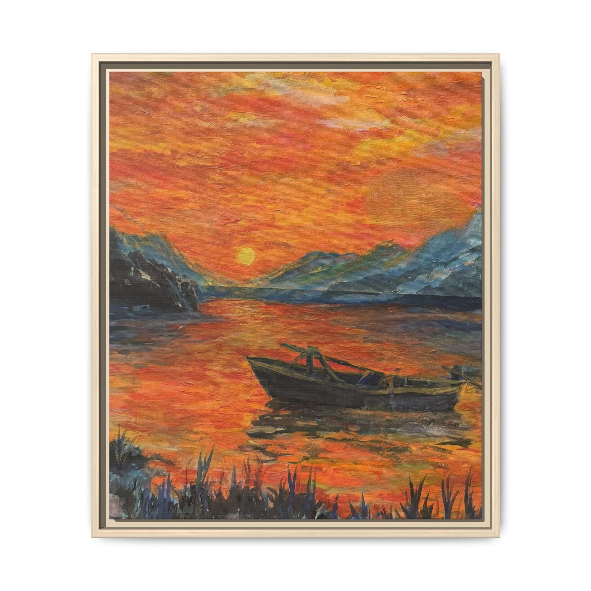 Boat on Sunset Lake Framed Canvas Print of Original — Orange Mountain Lake Wall Art