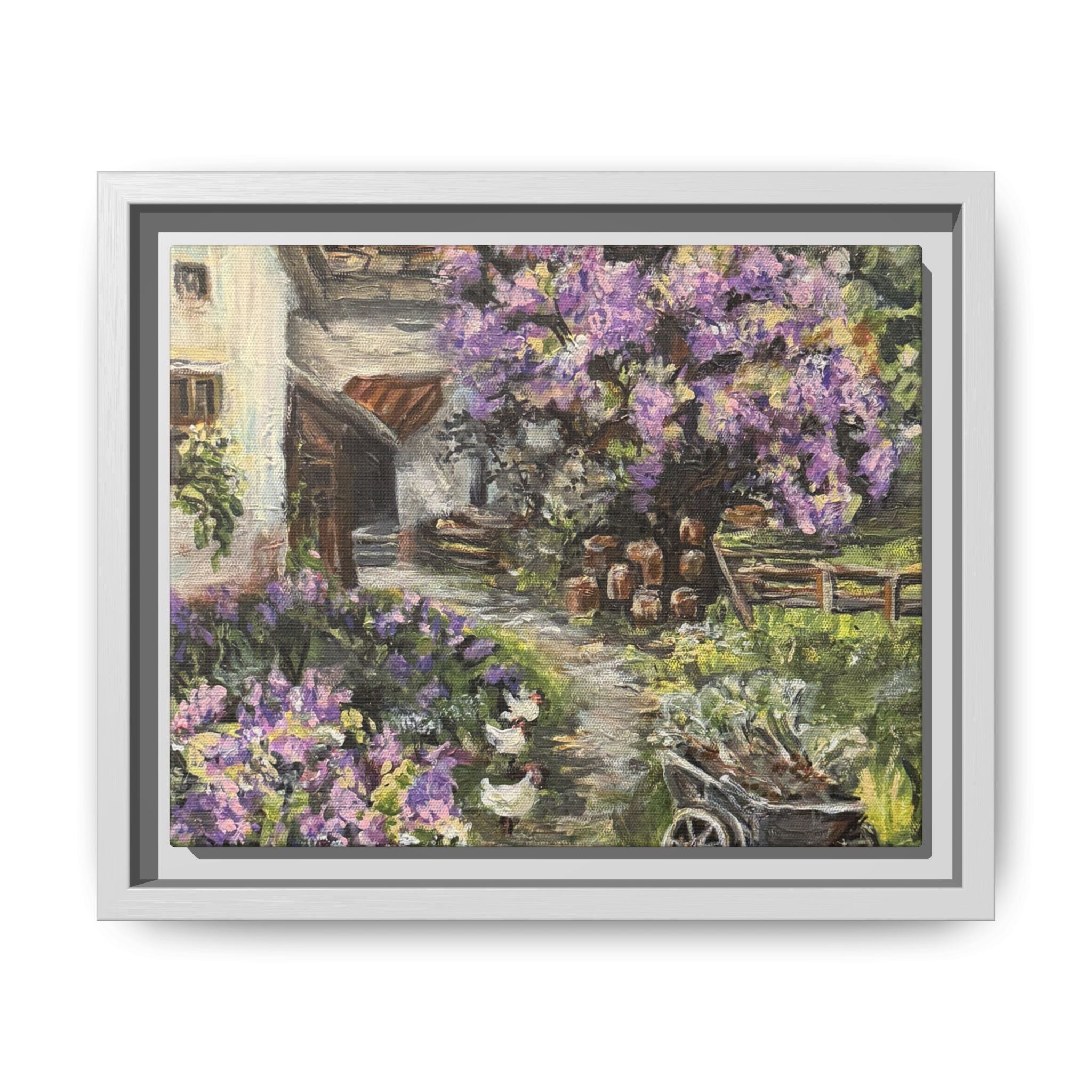 Framed Matte Canvas Print of Original Lavender Cottage— Cottage Garden with Purple Wisteria Wall Art