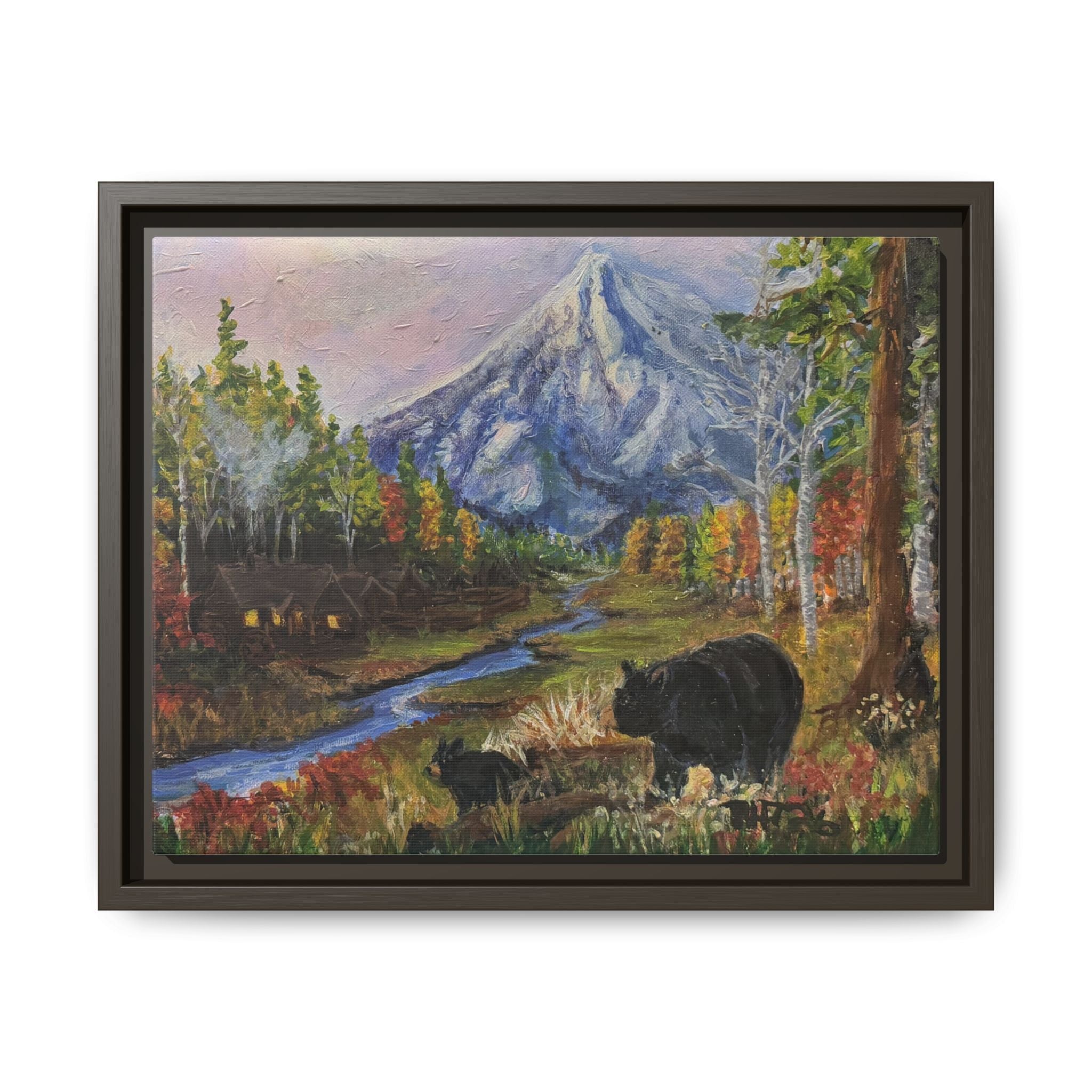Framed Matte Canvas - Three Bear Stroll  - Mountain Stream with Bears Landscape Wall Art