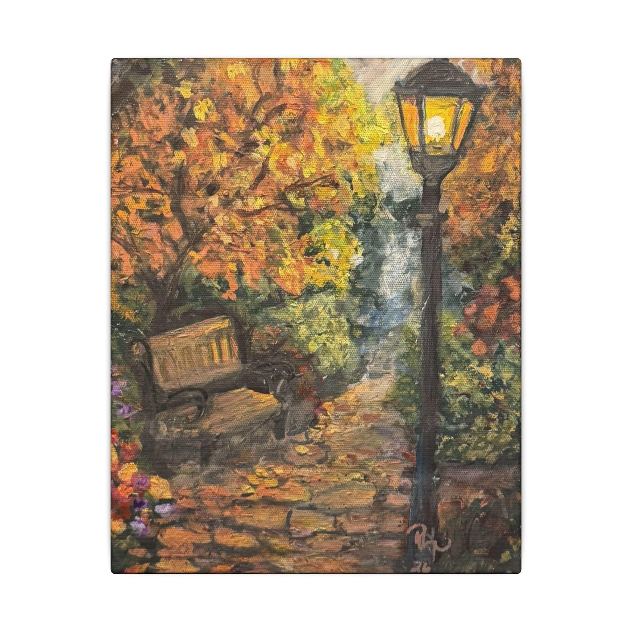 Autumn Evening in the Park Canvas Print of Original— Lantern & Bench Fall Wall Decor
