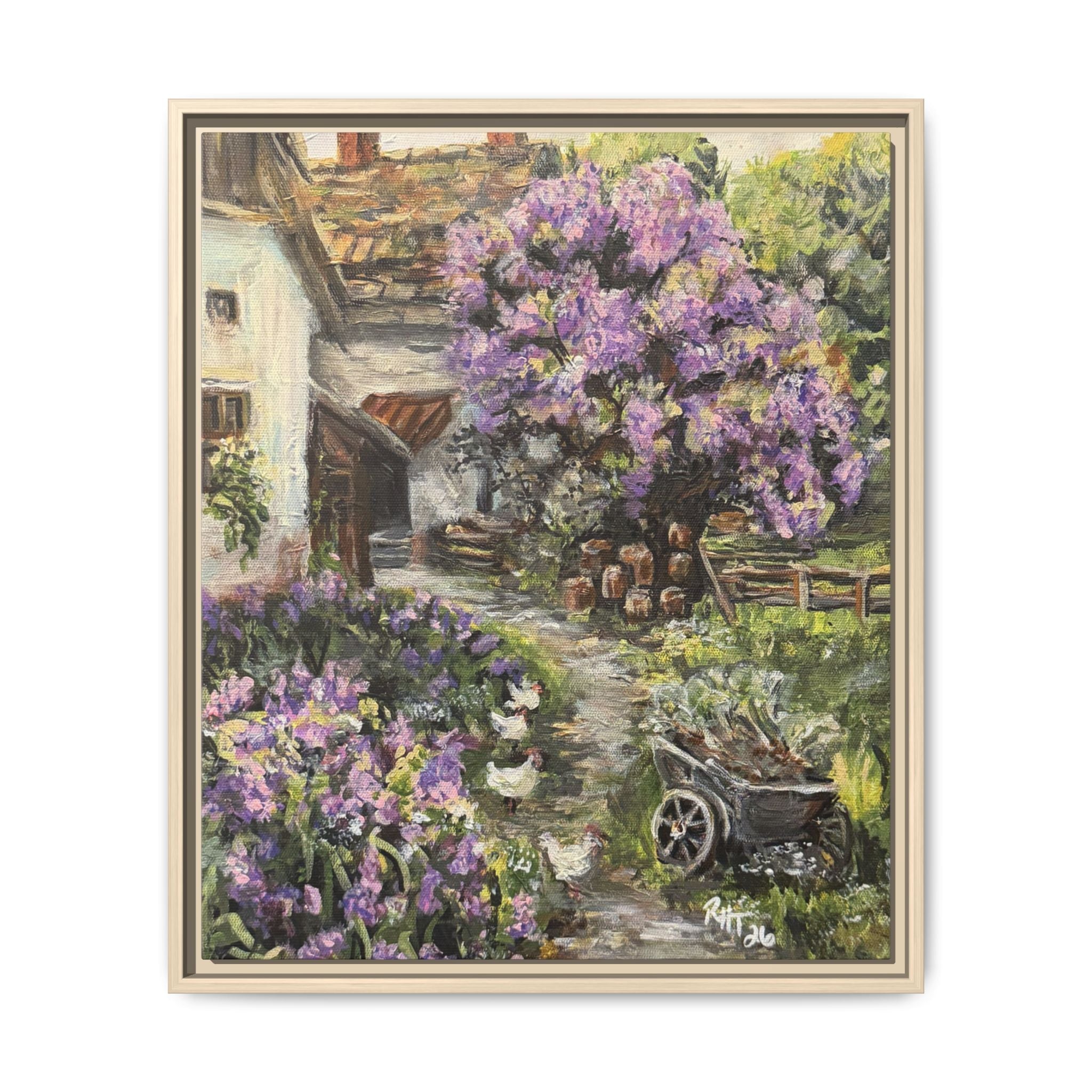 Framed Matte Canvas Print of Original Lavender Cottage— Cottage Garden with Purple Wisteria Wall Art