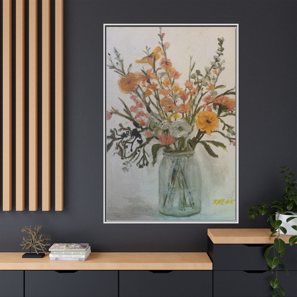 Framed Matte Canvas Art - Flower in Glass Jar Floral Painting Print of Original