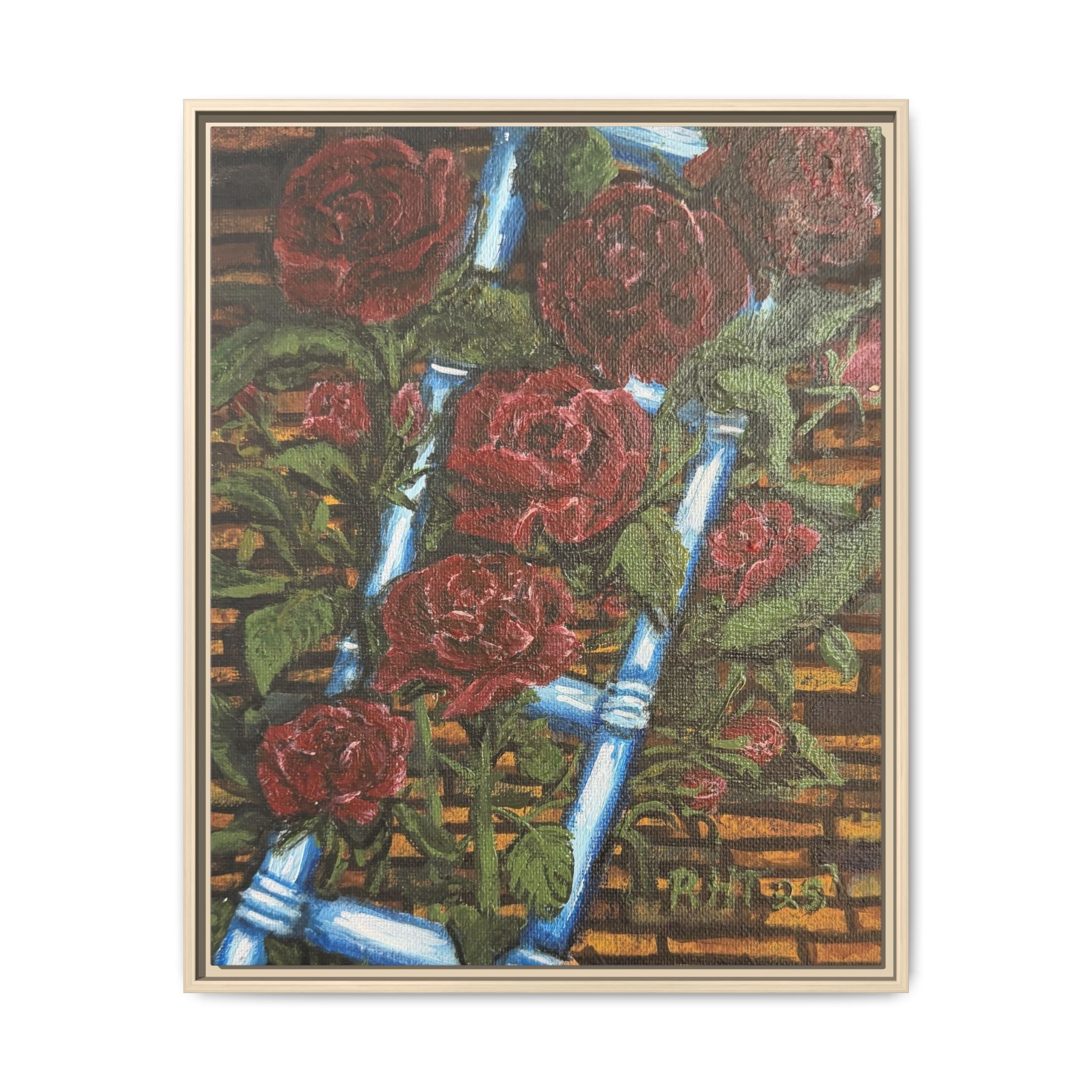 Framed Matte Canvas Art Print of Original Climbing Roses — Red Roses & Blue Ladder Floral Painting