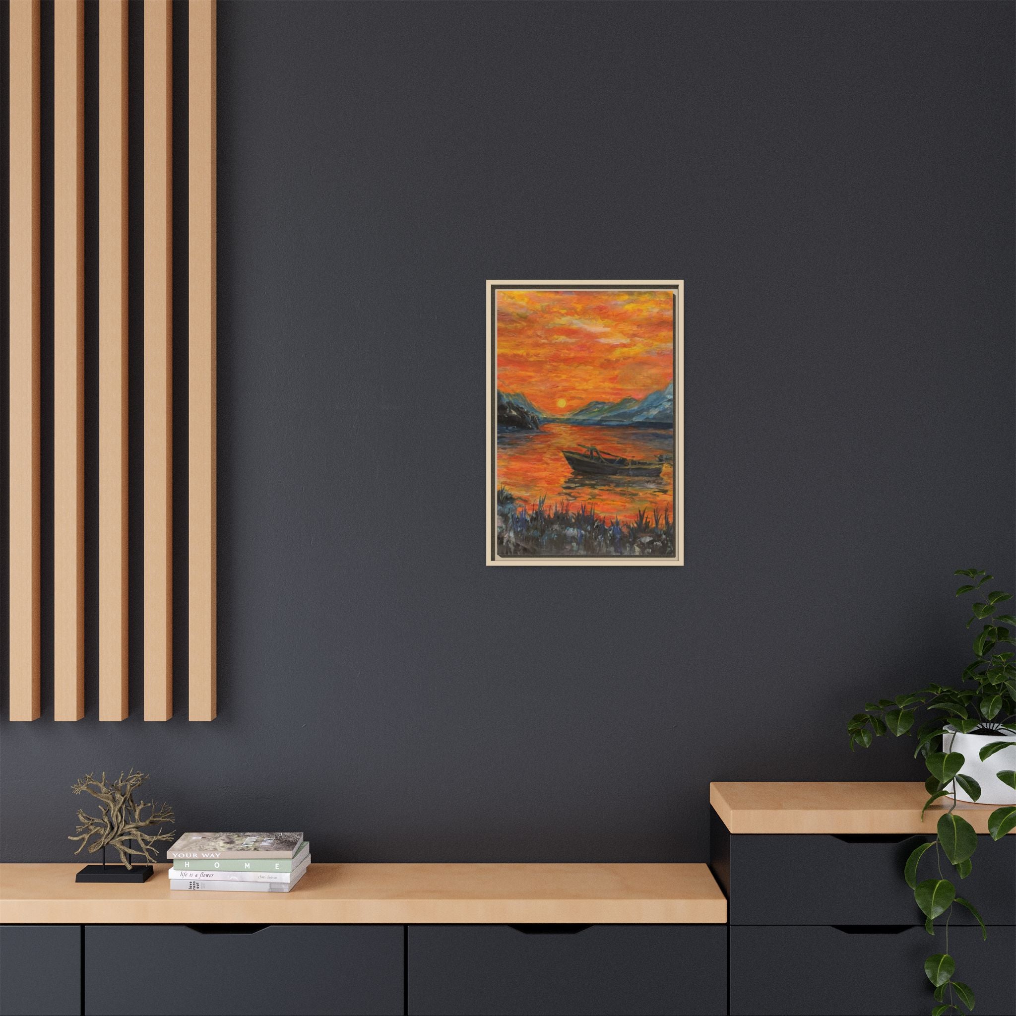 Boat on Sunset Lake Framed Canvas Print of Original — Orange Mountain Lake Wall Art