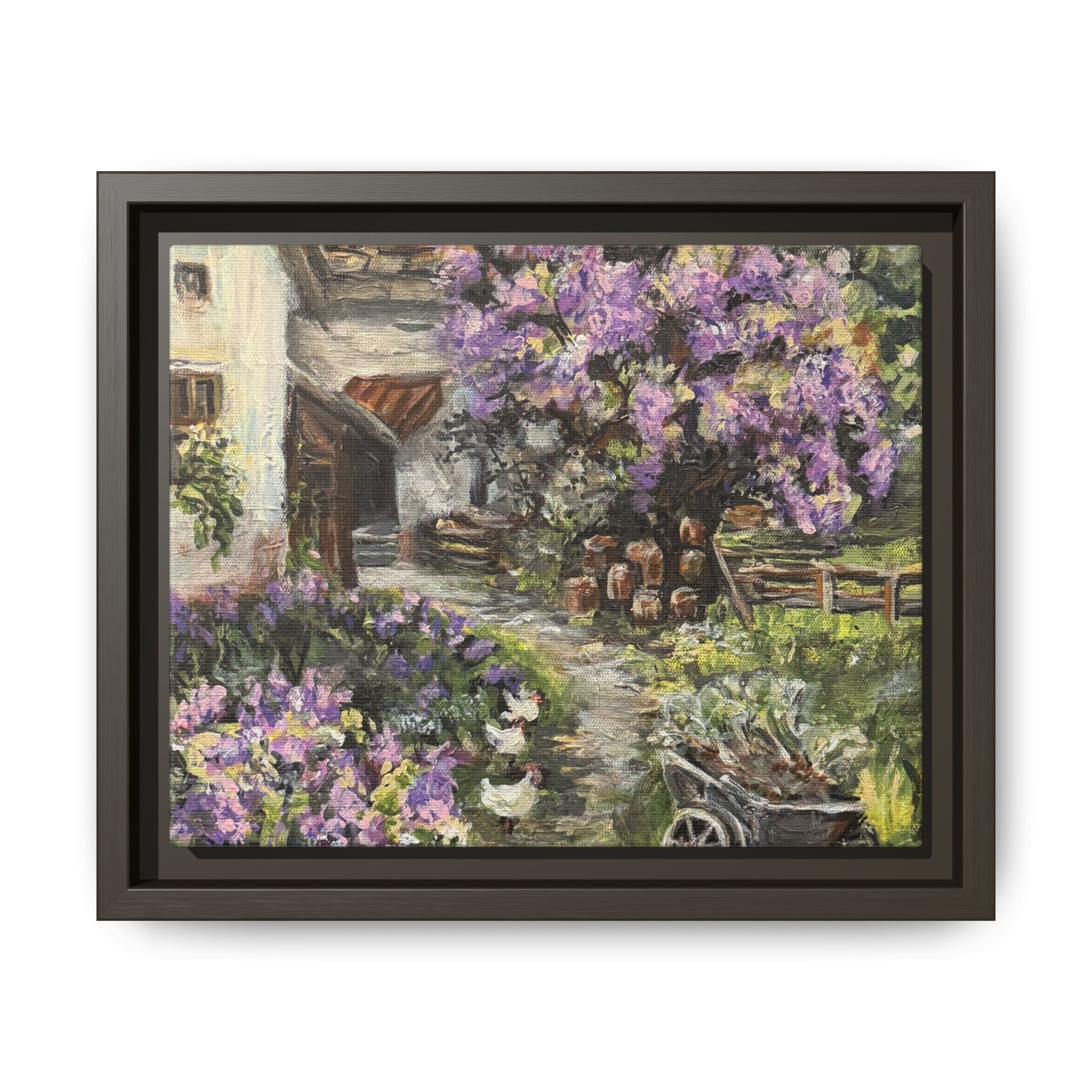 Framed Matte Canvas Print of Original Lavender Cottage— Cottage Garden with Purple Wisteria Wall Art