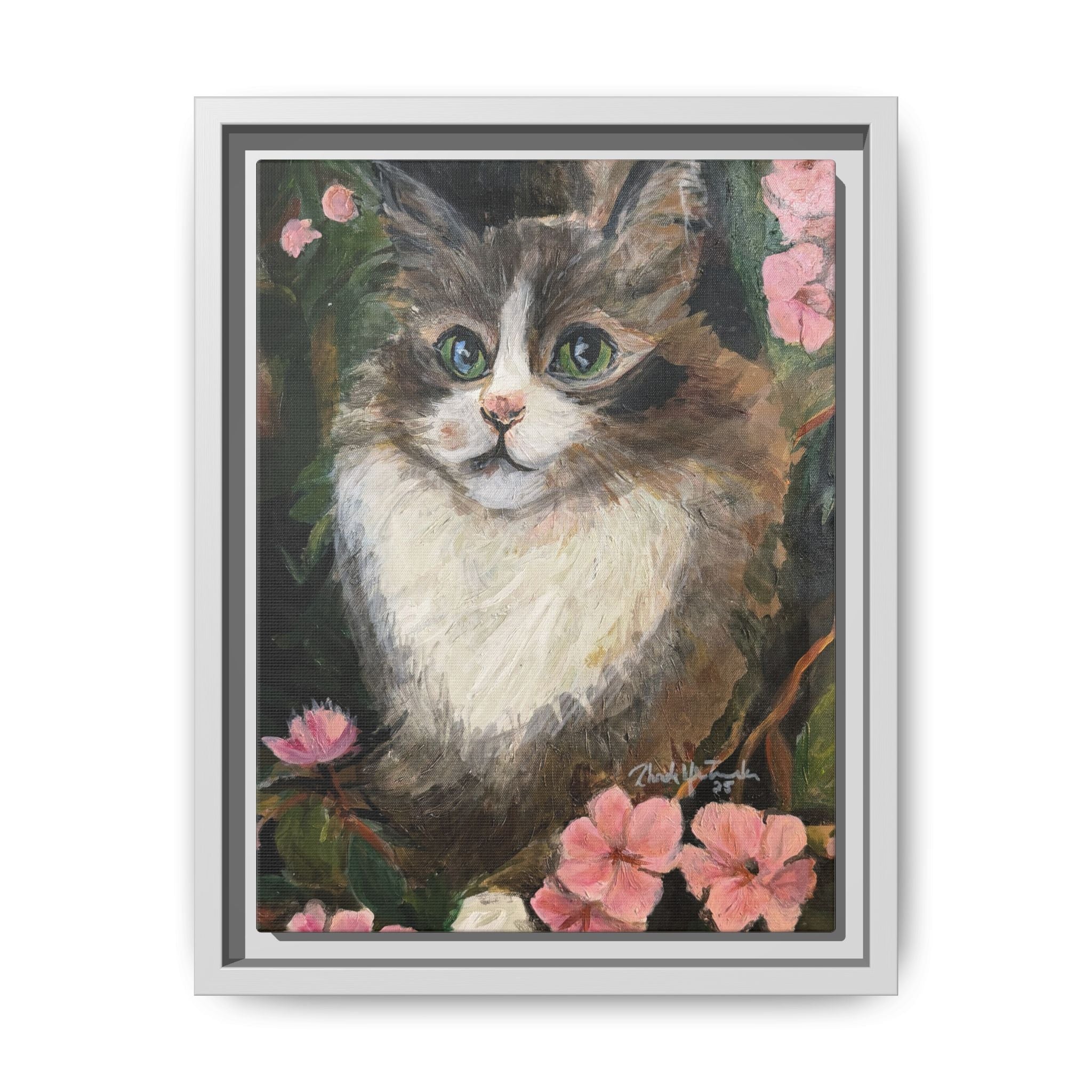 Framed Cat Portrait Canvas of Original Mikey– Floral Kitten Wall Art