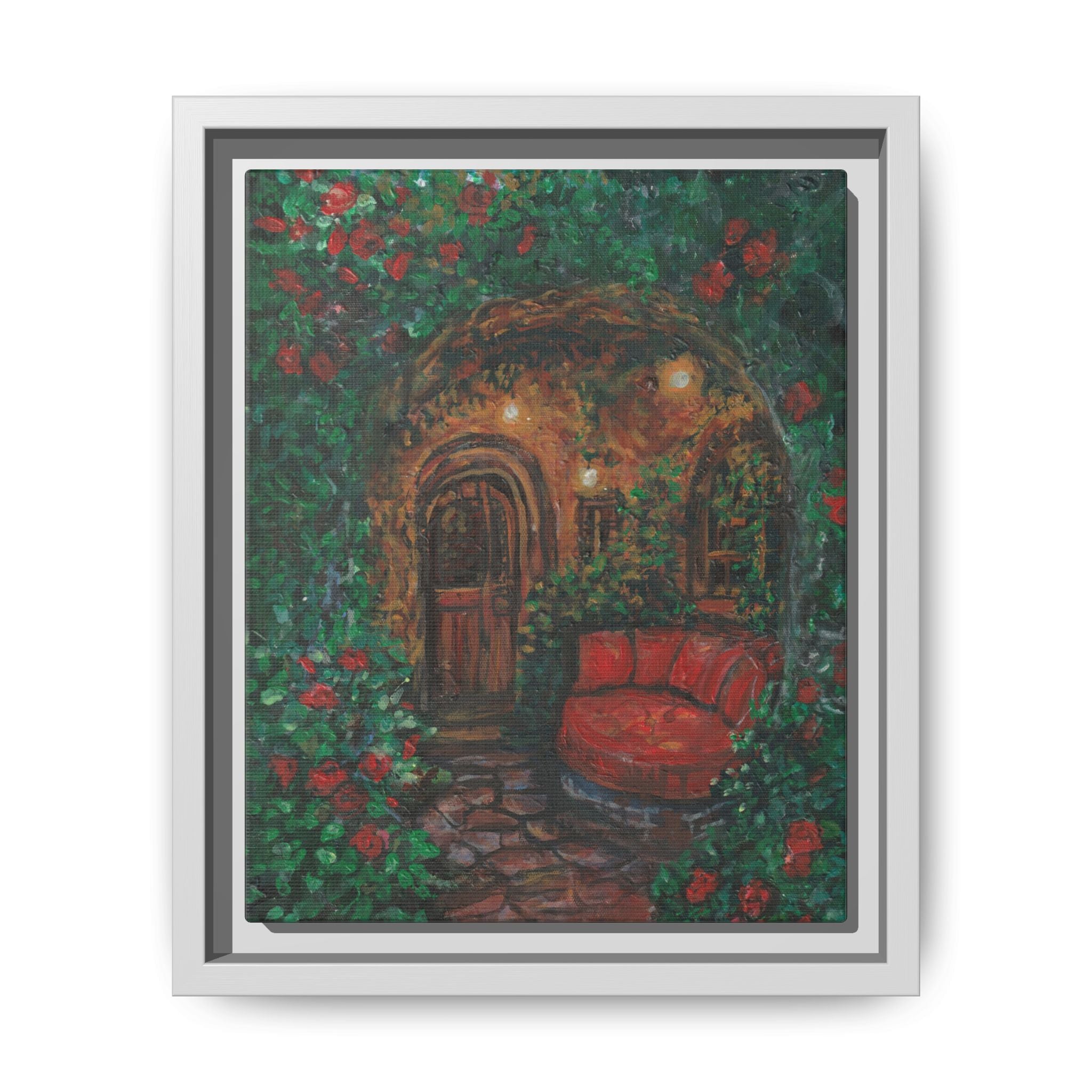 Framed Matte Canvas Art – Cozy Garden Doorway with Red Chair Print of Original Hidden Doorway