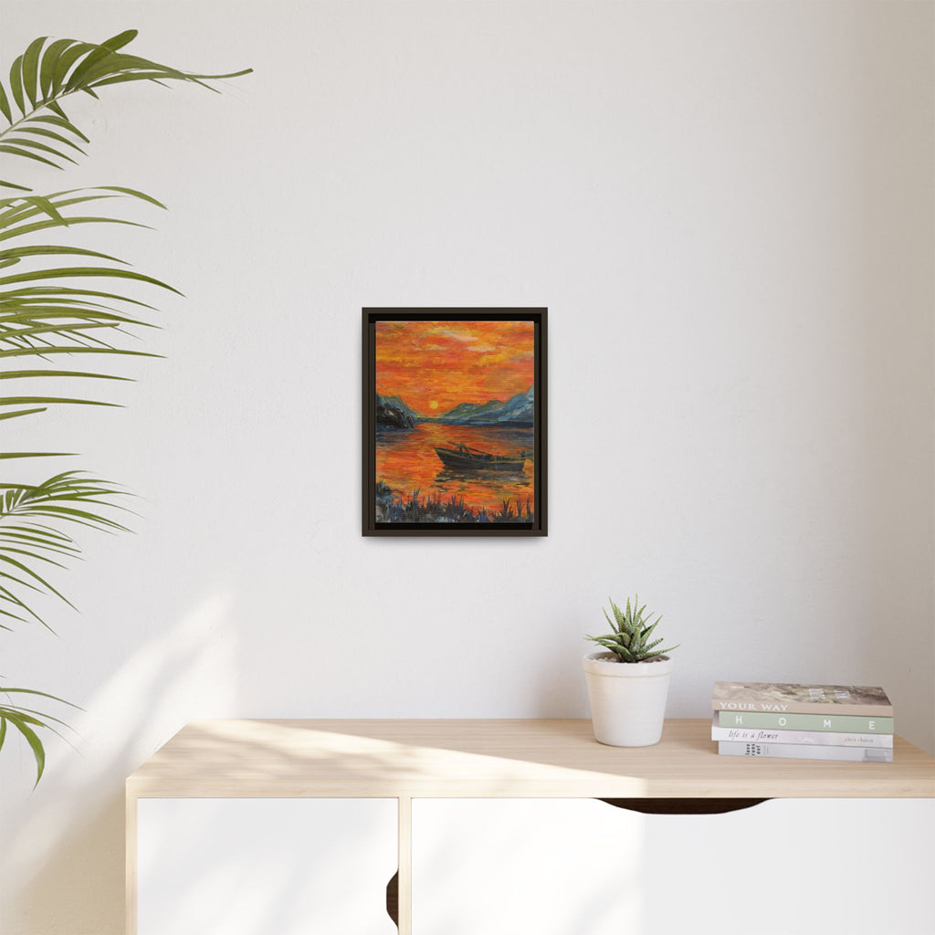 Boat on Sunset Lake Framed Canvas Print of Original — Orange Mountain Lake Wall Art