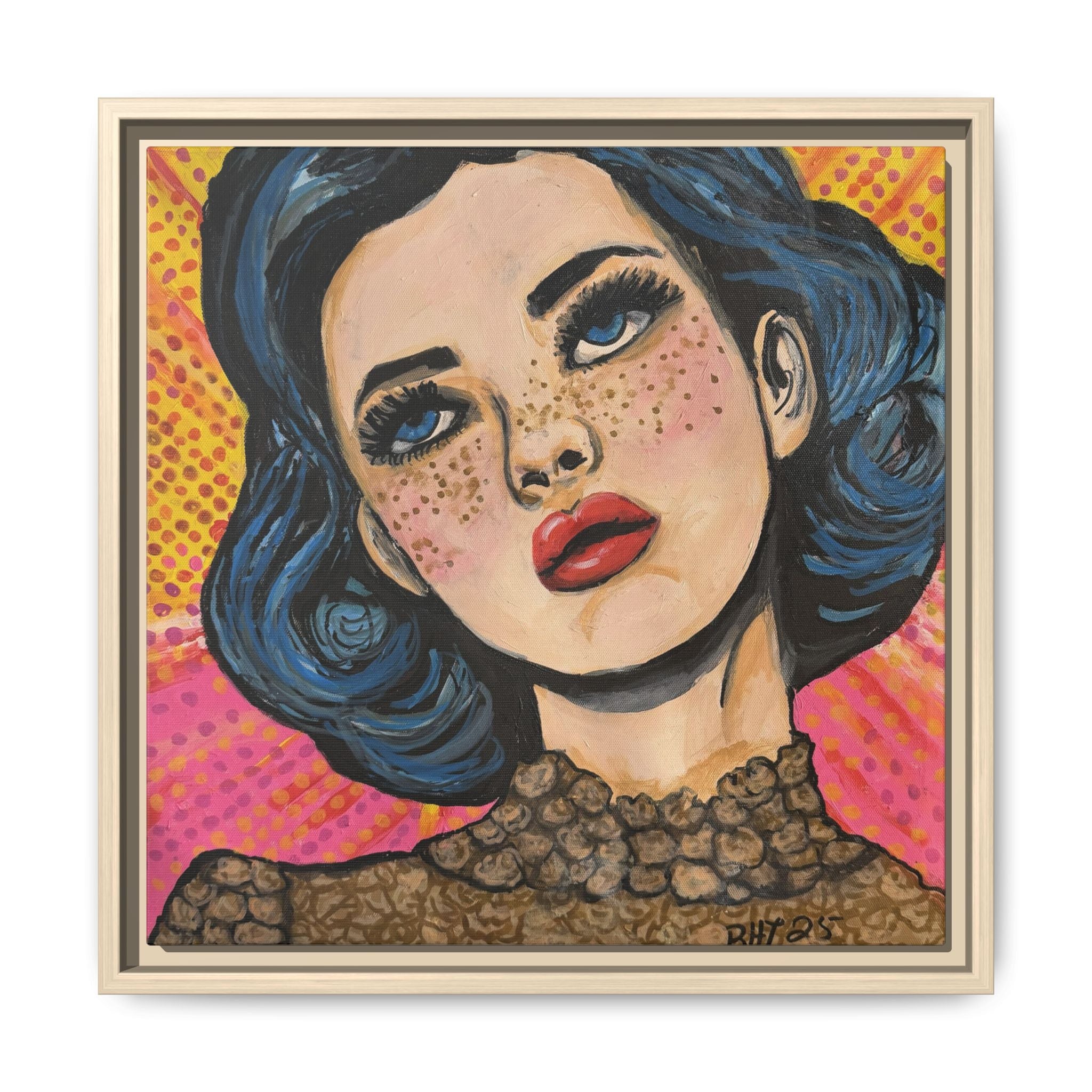 Pop Art Portrait Matte Canvas Print of Original "OMG" (Framed) — Retro Blue-Haired Woman Wall Art