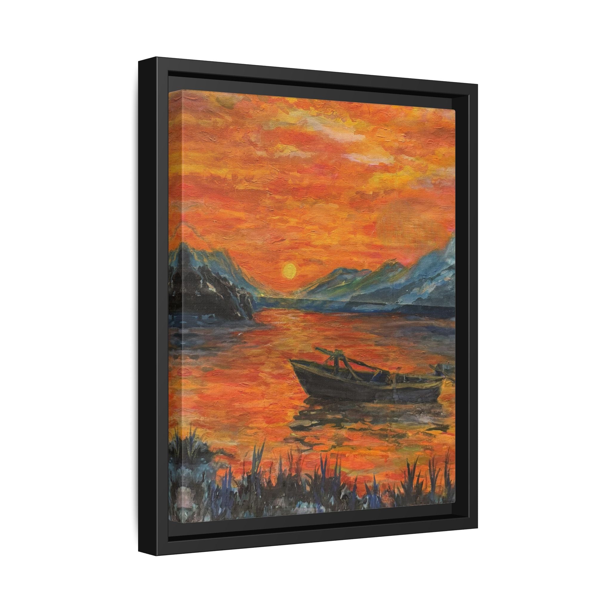 Boat on Sunset Lake Framed Canvas Print of Original — Orange Mountain Lake Wall Art