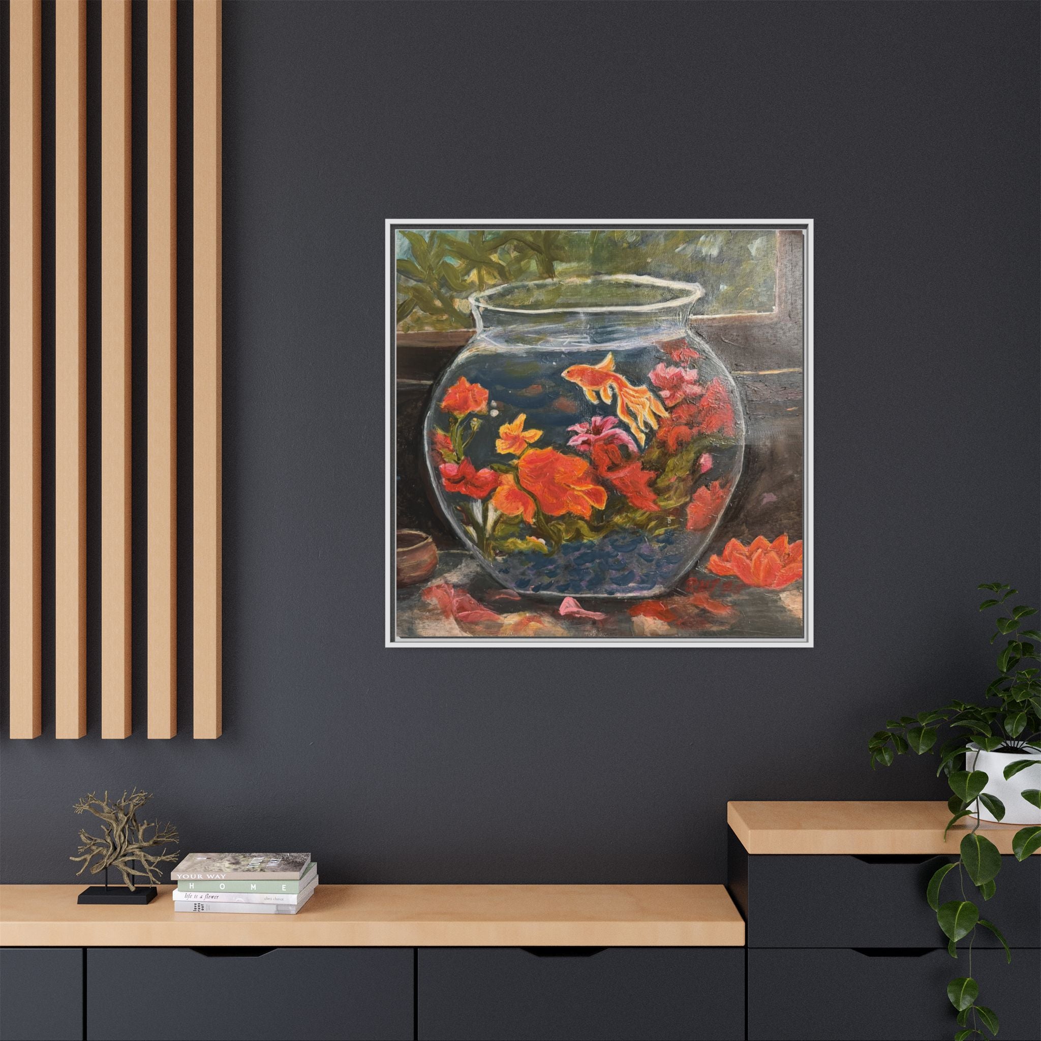 Framed Matte Canvas Print of Original– Colorful Goldfish Bowl Art