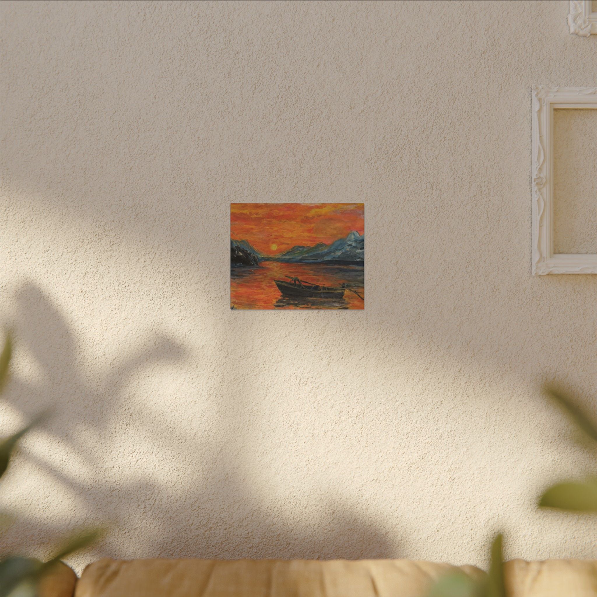 Boat on Sunset Lake Canvas Wall Art Print of Original— Orange Seascape Landscape Print
