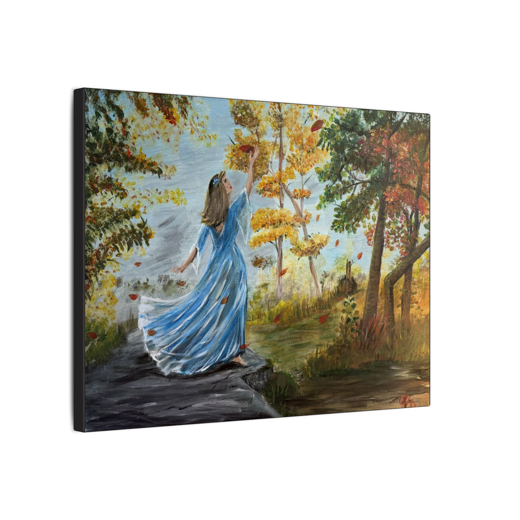 Autumn Breeze Matte Canvas Art Print – Woman in Blue Dress Fall Landscape