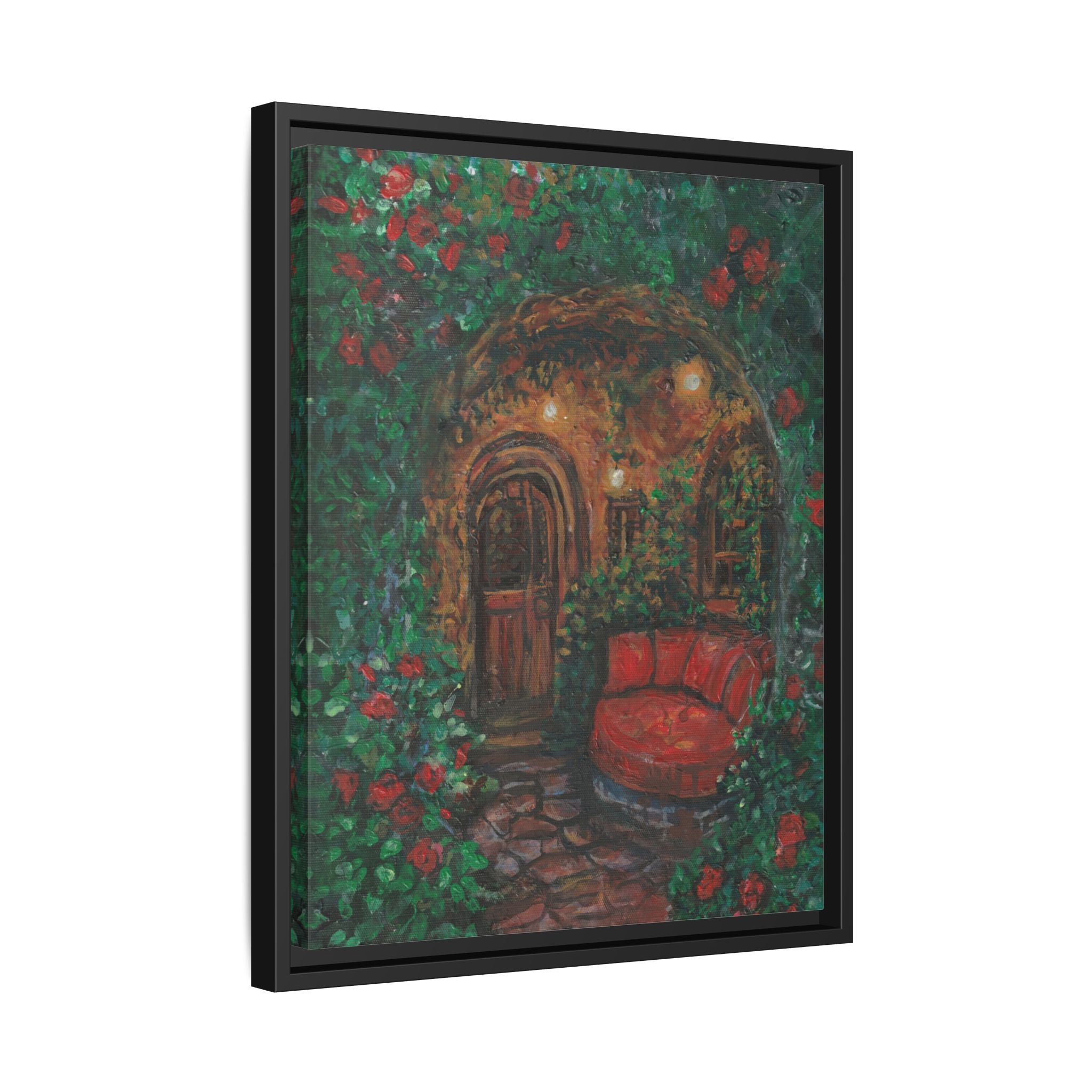 Framed Matte Canvas Art – Cozy Garden Doorway with Red Chair Print of Original Hidden Doorway