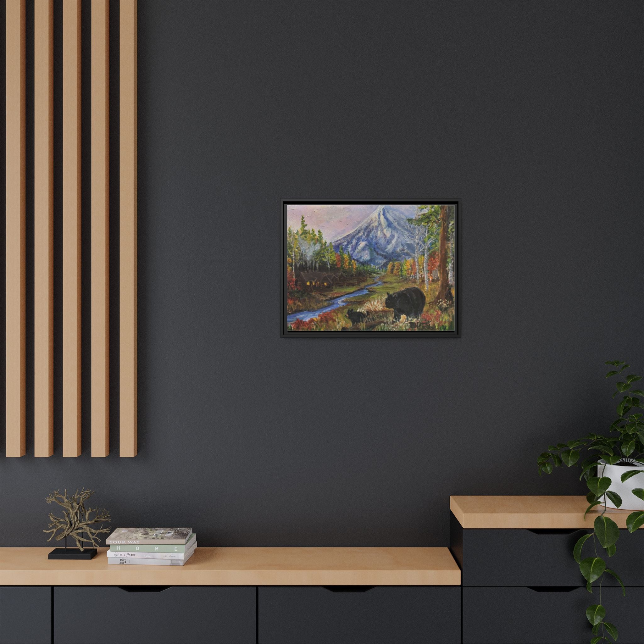 Framed Matte Canvas - Three Bear Stroll  - Mountain Stream with Bears Landscape Wall Art