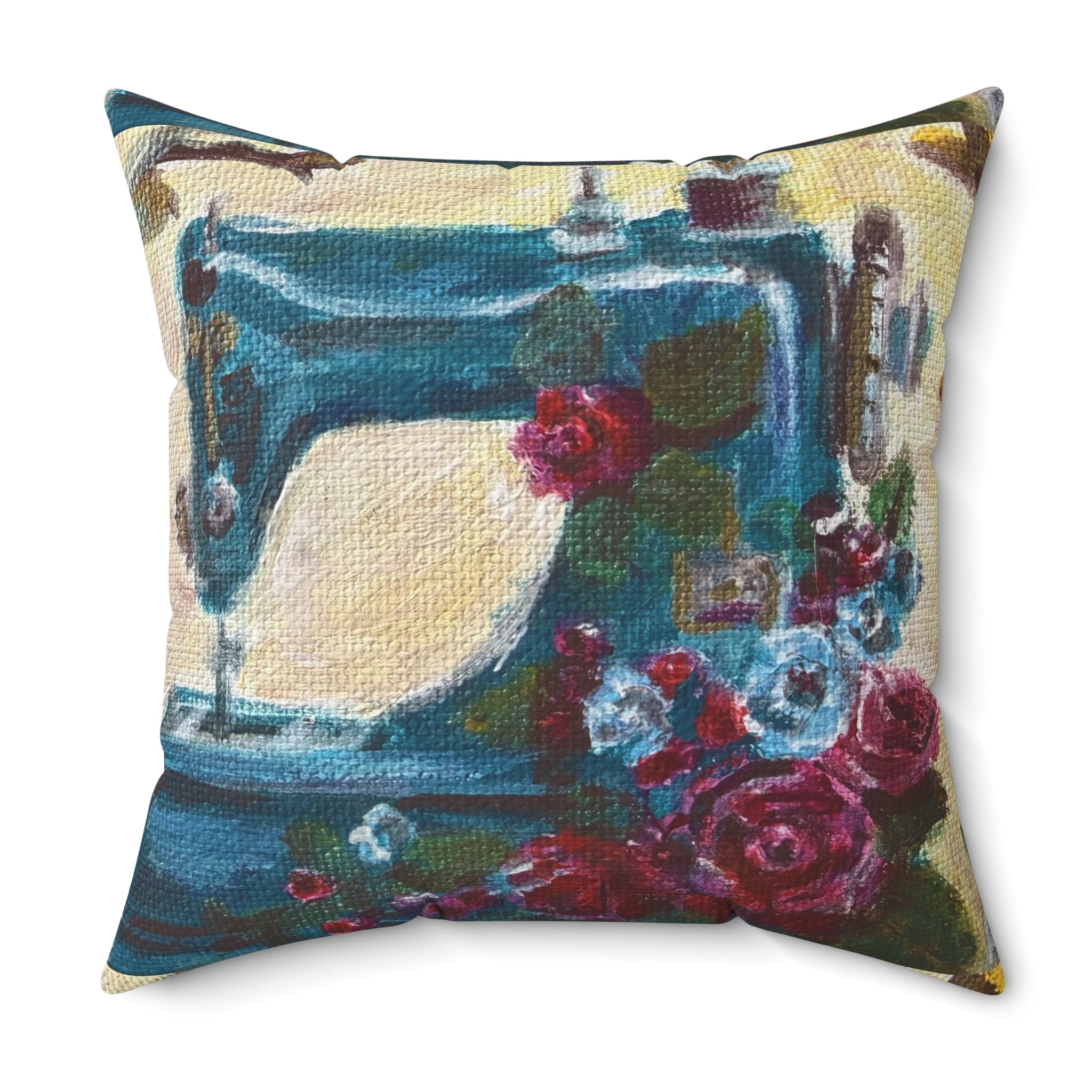 Vintage Sewing Machine Decorative Throw Pillow — Floral Cottage Accent