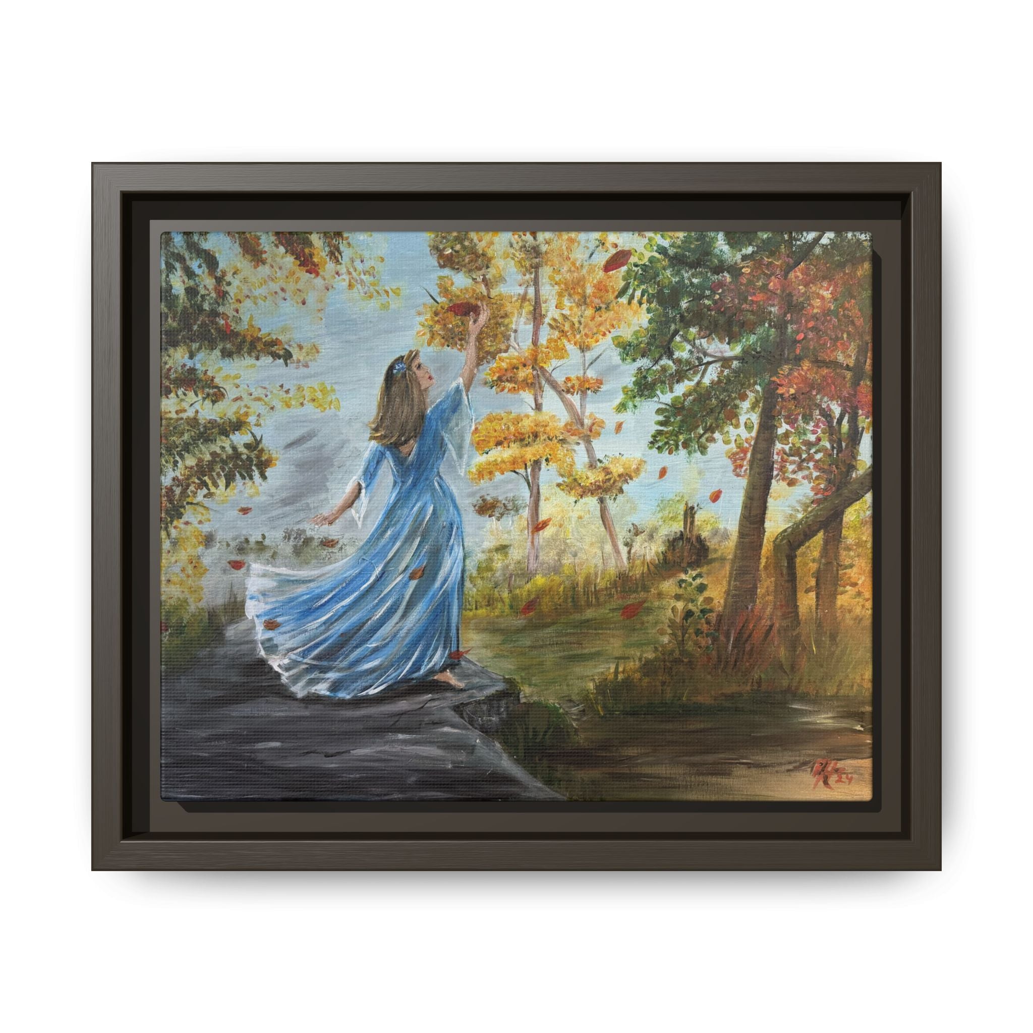Autumn Breeze Canvas Print — Woman in Blue Dress Framed Wall Art