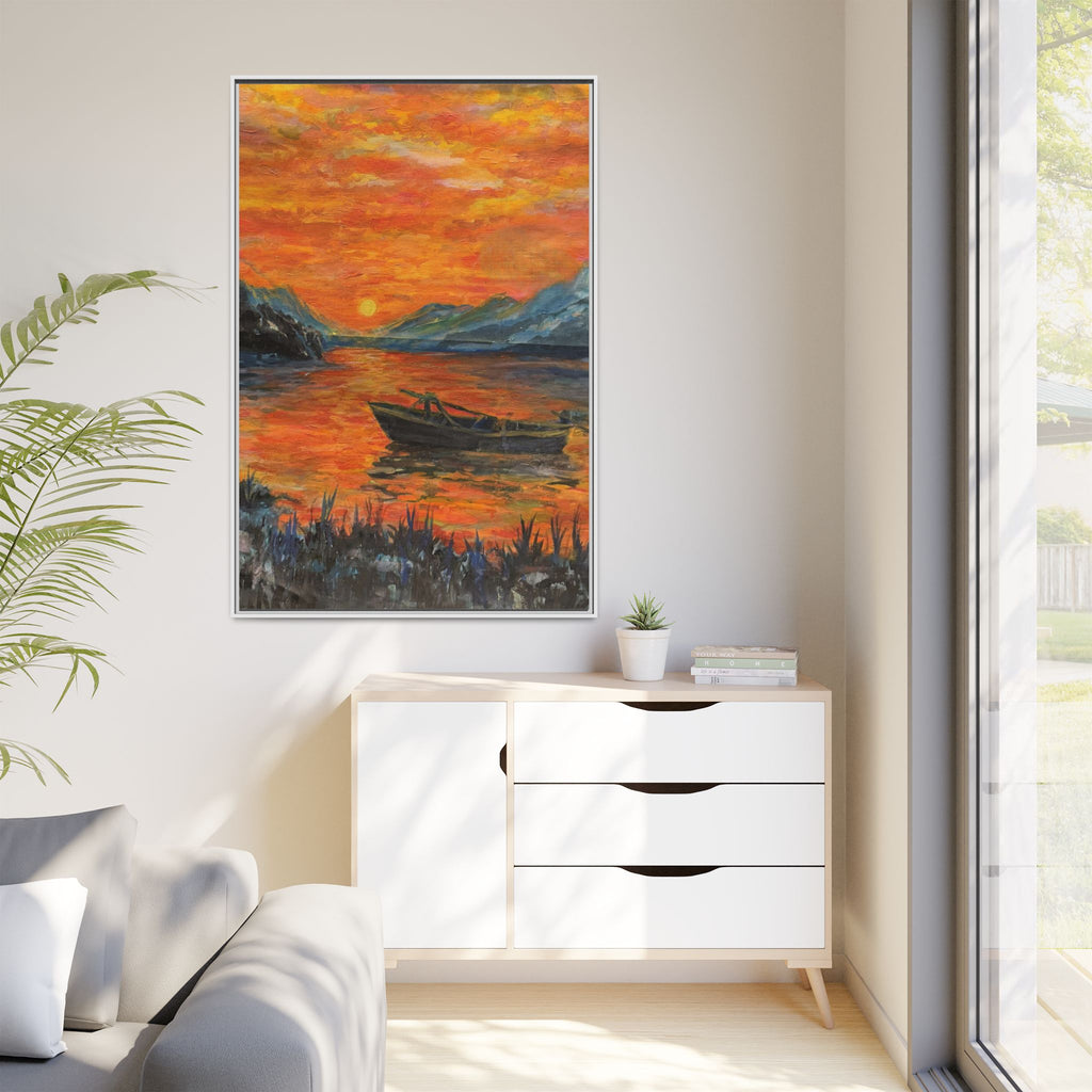 Boat on Sunset Lake Framed Canvas Print of Original — Orange Mountain Lake Wall Art
