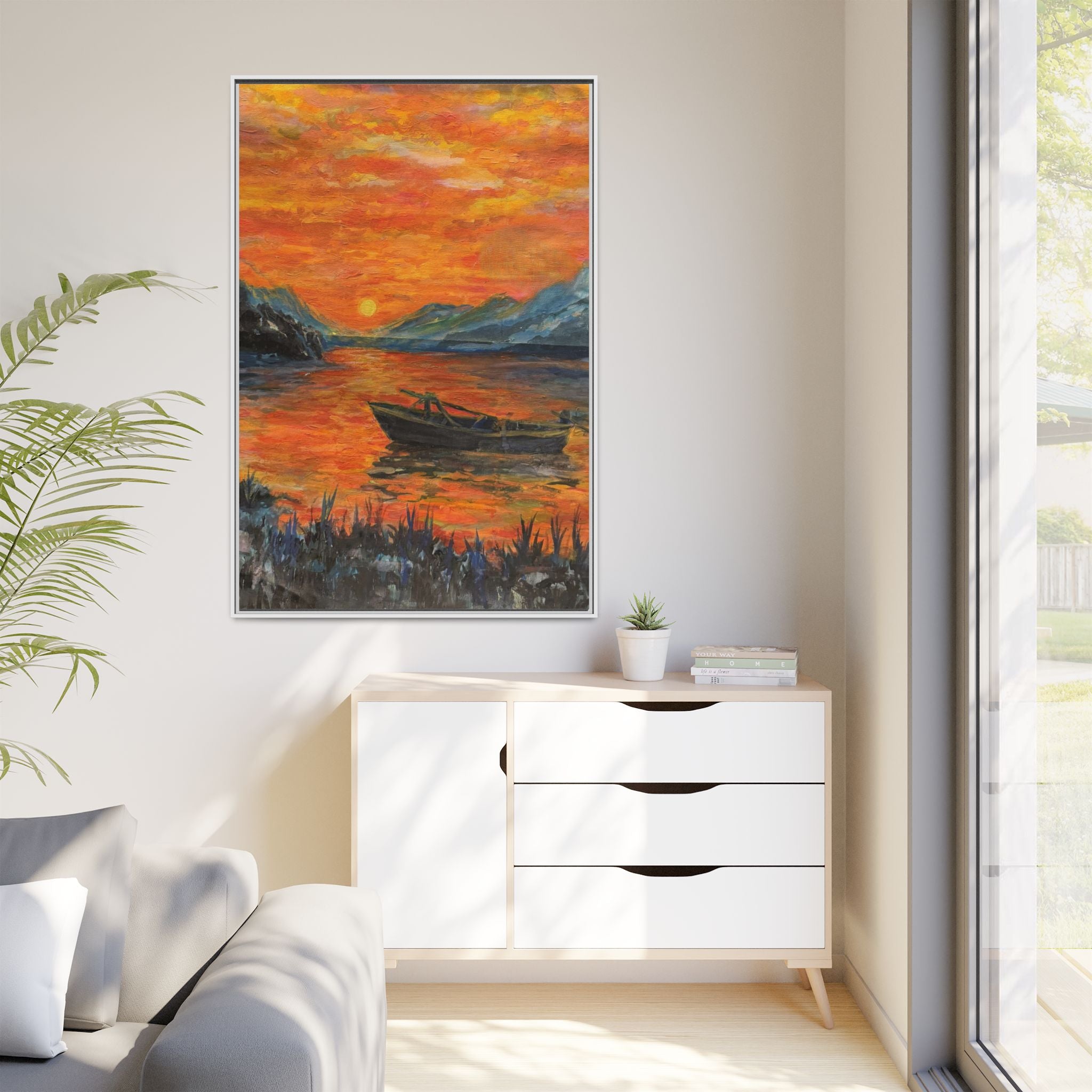 Boat on Sunset Lake Framed Canvas Print of Original — Orange Mountain Lake Wall Art