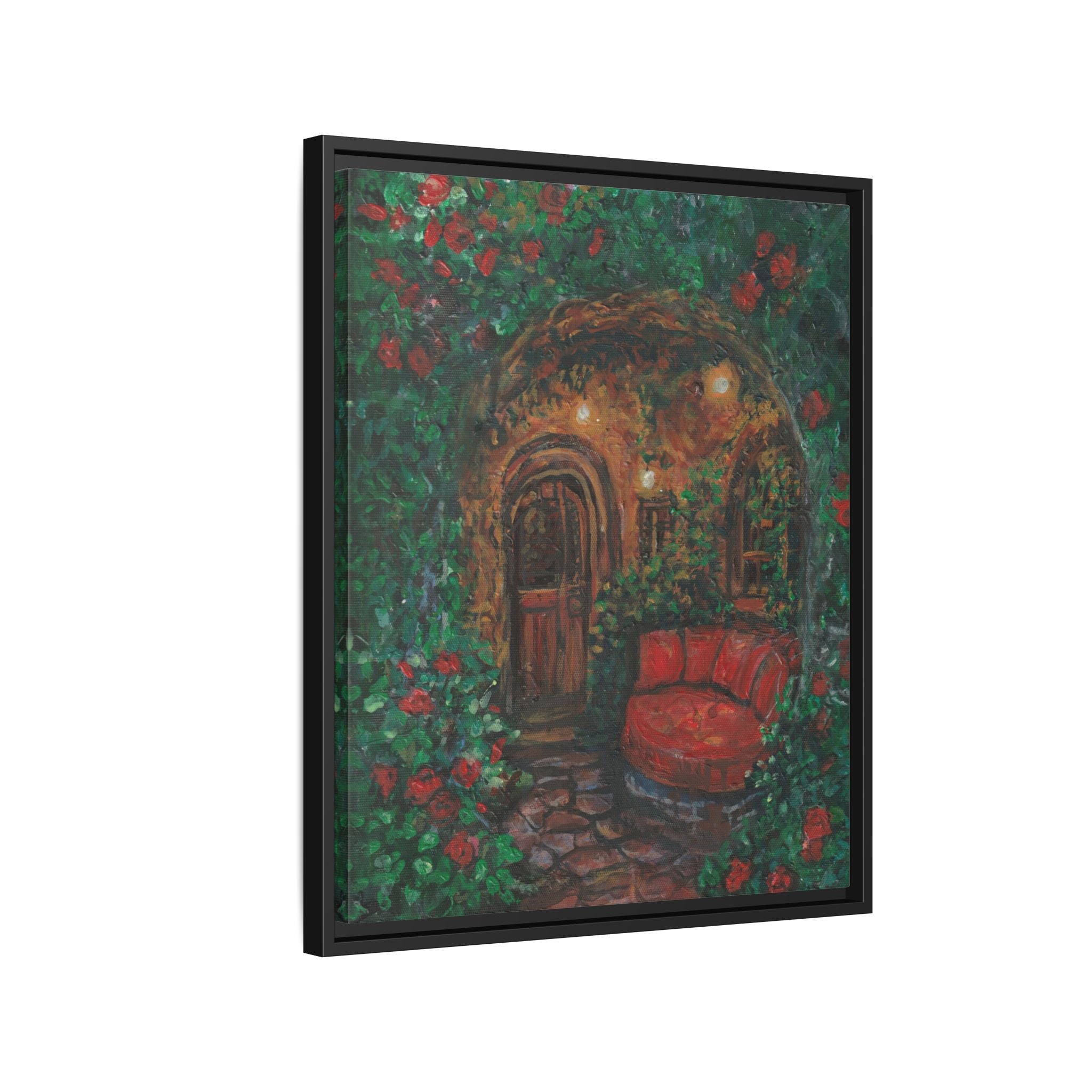 Framed Matte Canvas Art – Cozy Garden Doorway with Red Chair Print of Original Hidden Doorway