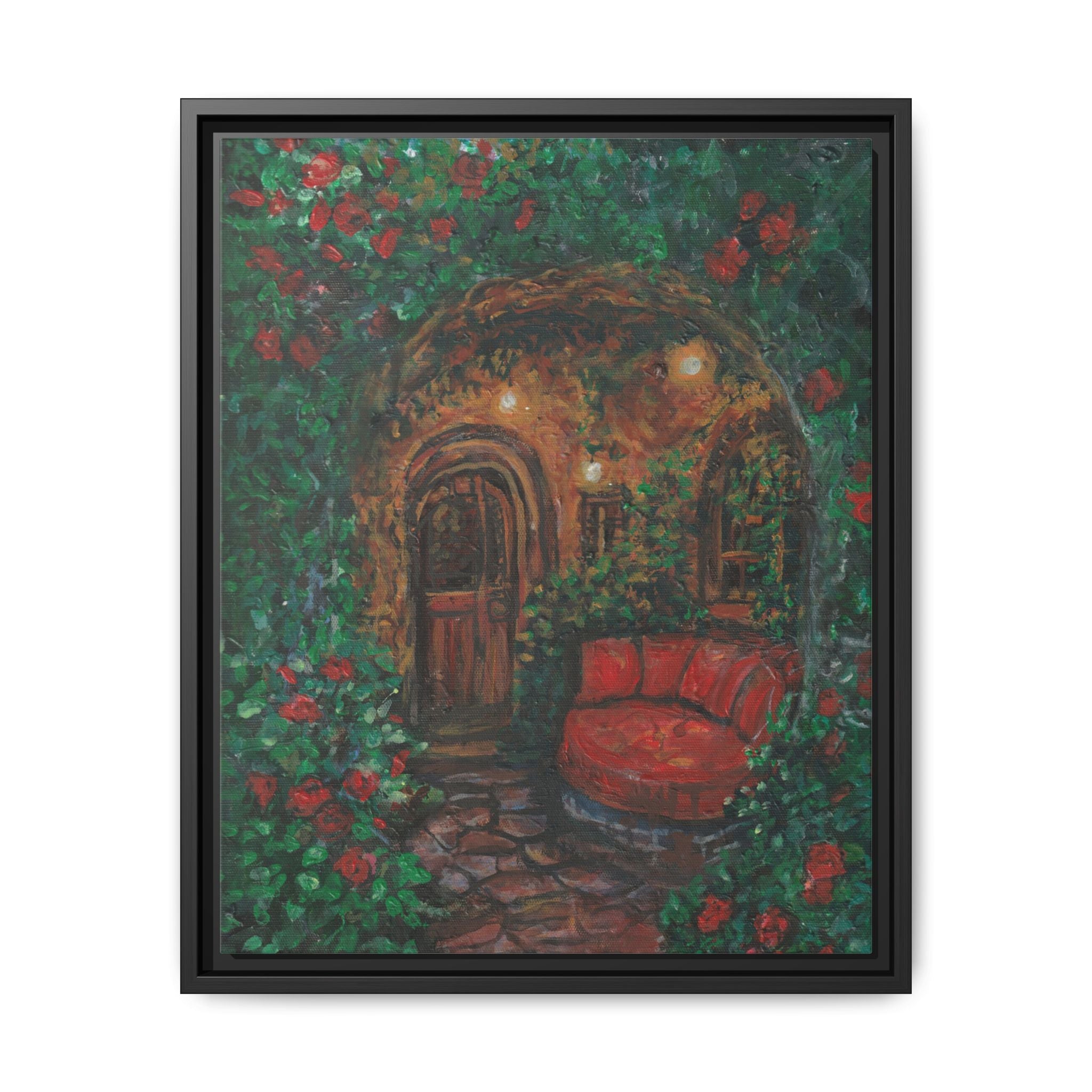 Framed Matte Canvas Art – Cozy Garden Doorway with Red Chair Print of Original Hidden Doorway