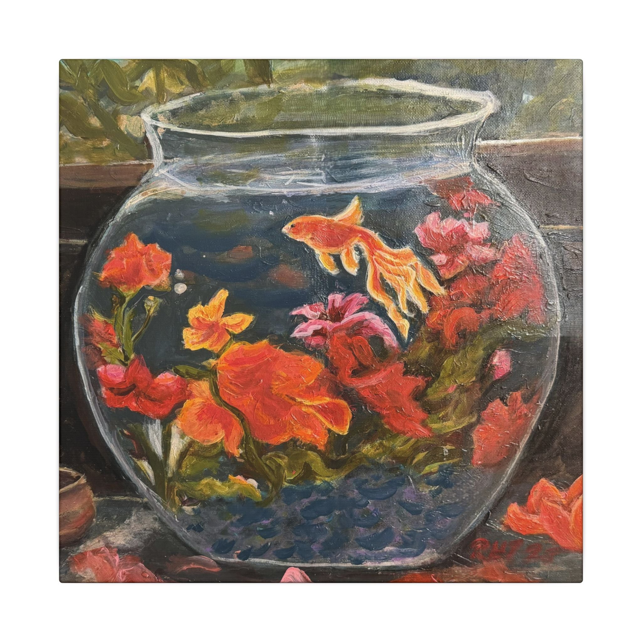 Goldfish Bowl Canvas Wall Art — Colorful Floral Aquarium Painting